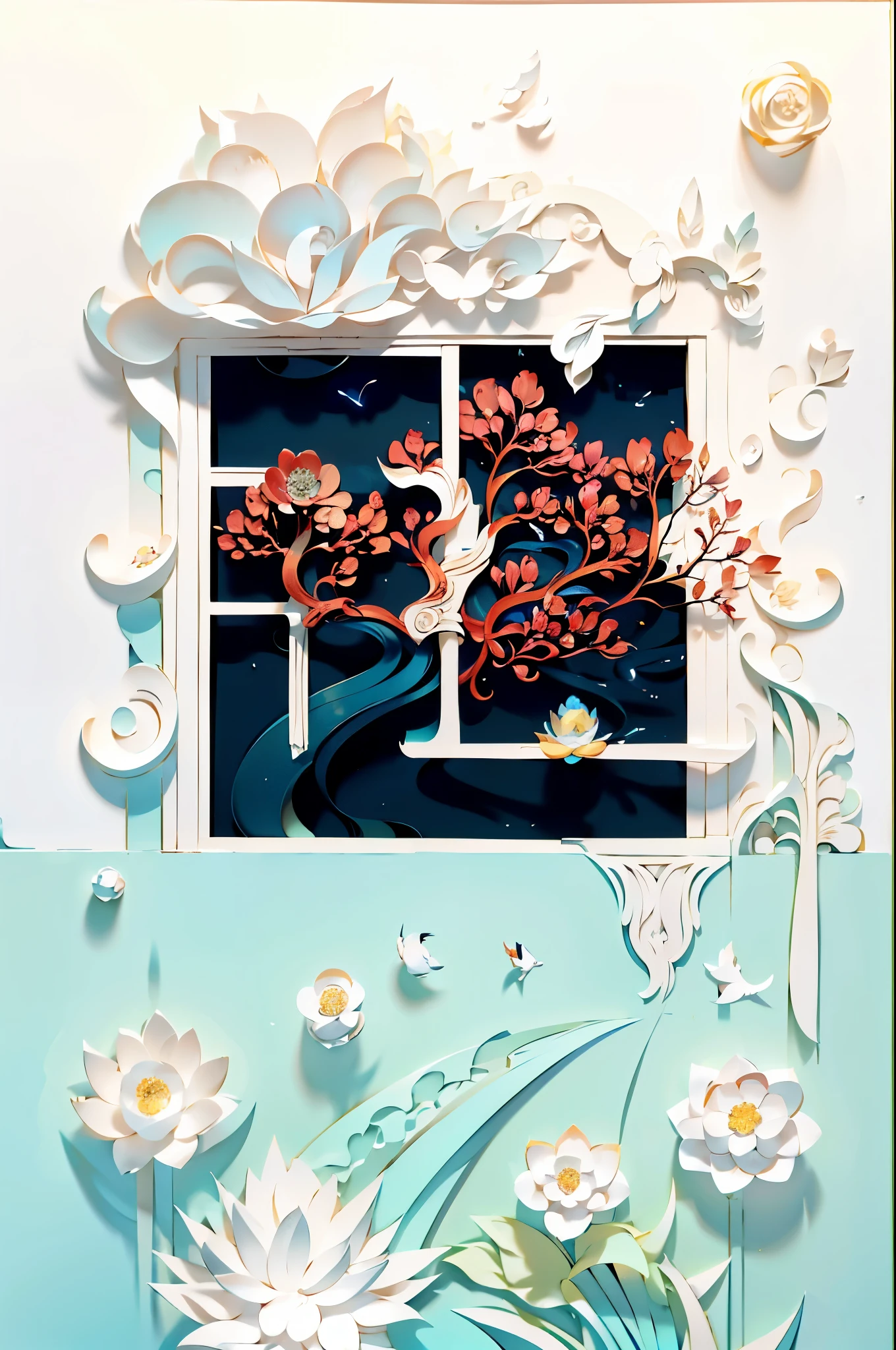 (number art,paper cut:1.2),Mountains, trees, rivers,flowers,lotus flower, (Oriental elements, Chinese colors, senior color matching), (3d sculpture,rendering by octane,volumettic light,Natural soft light,), (super delicate:1.2, lose focus:1.2, extremely colorful, Cinematic Lighting, Chiaroscuro,Ray Tracing), Masterpiece, super rich,super detailed,8k