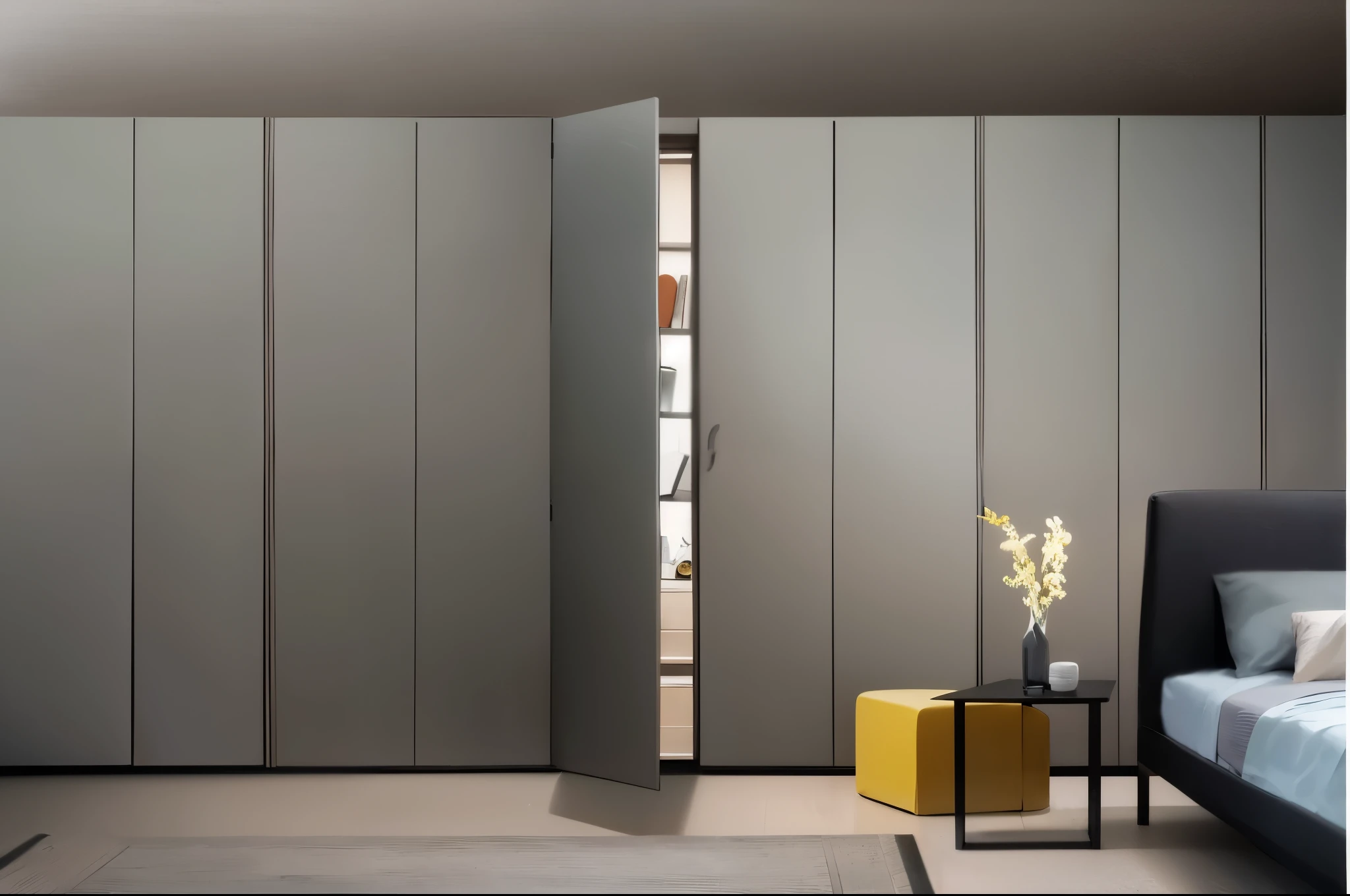 Close-up of a bedroom with bed and wardrobe, elegant wardrobe, Elegant futuristic wardrobe, cupboard, flat gray color, EUR, flat gray, minimally modern, very Minimalism, color, cupboard, 优雅的Minimalism, royal, Stylish utopian design, Two wooden wardrobes, Minimalism, 3 doors, exiting from a wardrobe, Modular