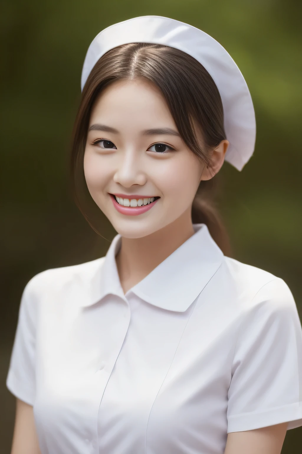 Miss Cabaret、white nurse uniform、1 person、high quality、surreal、healthy、smile、Perfect slender figure、beauty of japan、beautiful eyes、perfect face、beautiful skin、the background is pink