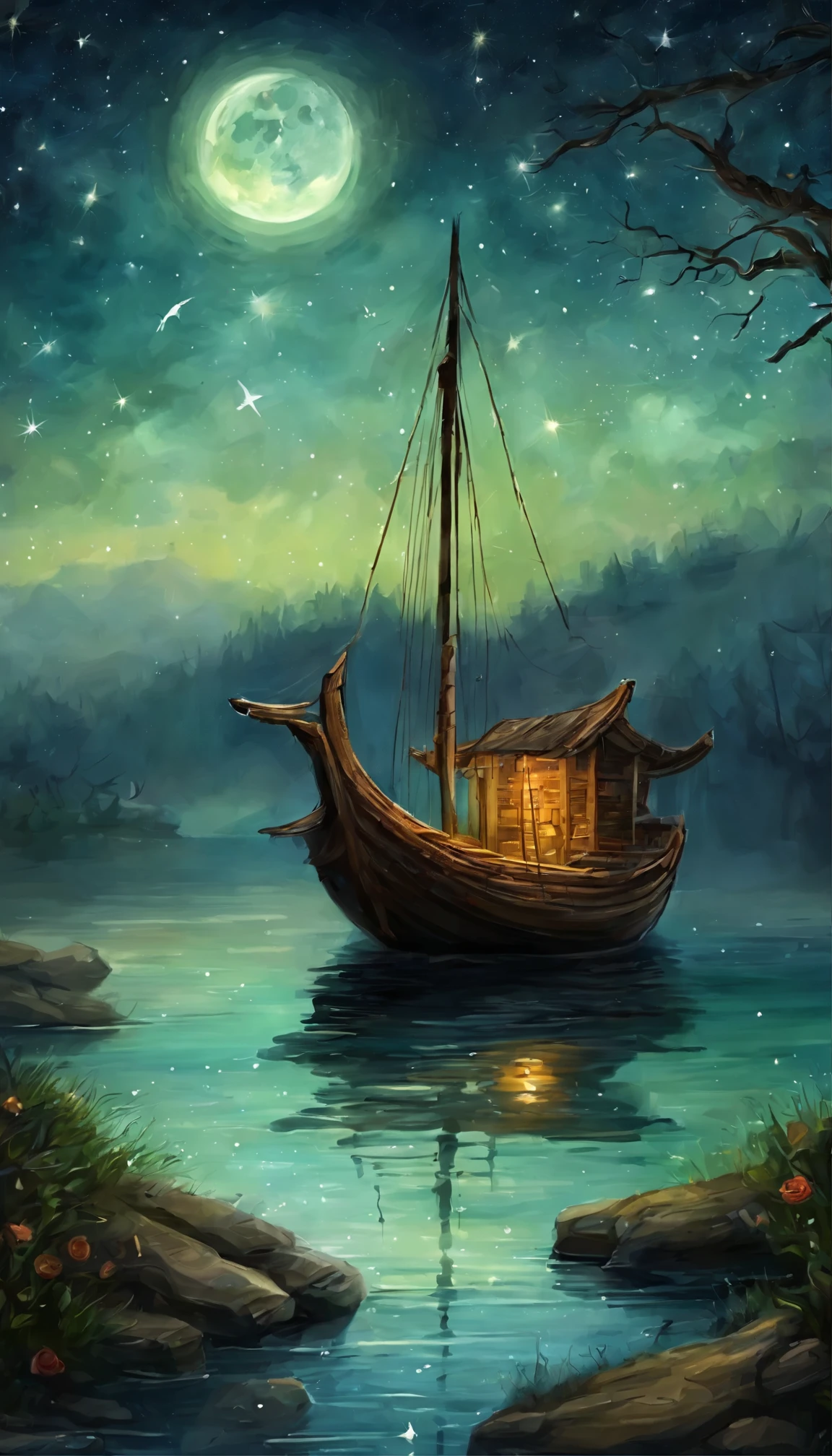 Night view of the old town，Seek and find，cheerless，The moon falls, the crescent moon falls into the lonely well，Fragmented，Bit by bit，There are flowers in dreams, green meadows in dreams，Long hair causes ripples，Shirabu Shishiiso，Kappa poles swing the boat，Crossing the ancient rare，（Small rivers），（Ancient boats），（There is a bright full moon in the distant night sky），（Shining stars），（Starcloud），（nighttime scene），Inspired by Van Gogh，（Van Gogh starry sky painting style），OilPaintStyle，8k wallpaper，light and shadow effect，Tyndall，rendering by octane，White balance，Unreal 5，Extremely detailed picture，depth of fields，tmasterpiece，realisticlying，RAY