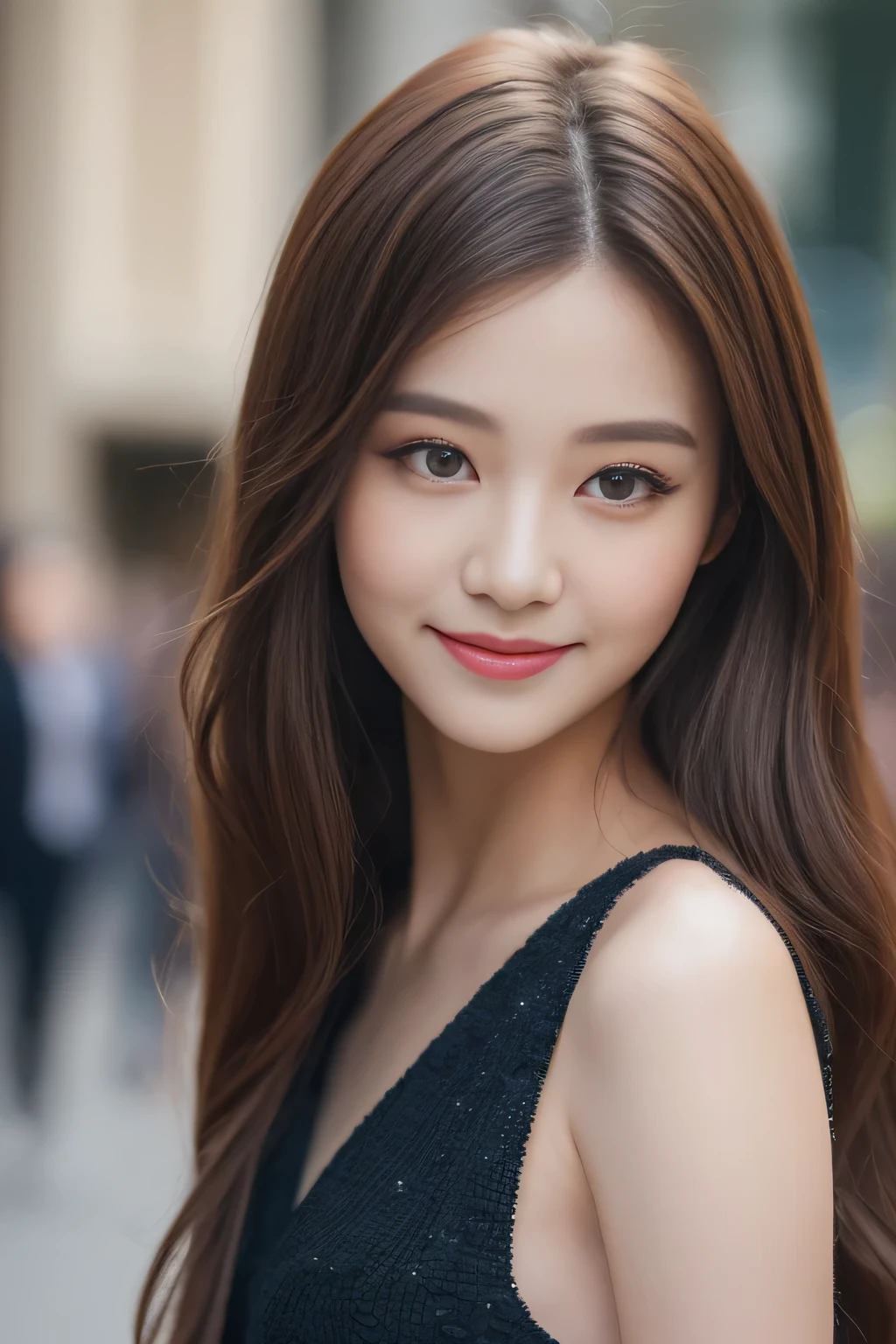 ((highest quality, 8K, masterpiece :1.3)), 1 girl, smile, whole body, slim face, Beautiful woman, (dark brown hair), full length dress :1.1, super detailed face, fine eyes, double eyelid, blur background, slim face, city, outside, street,