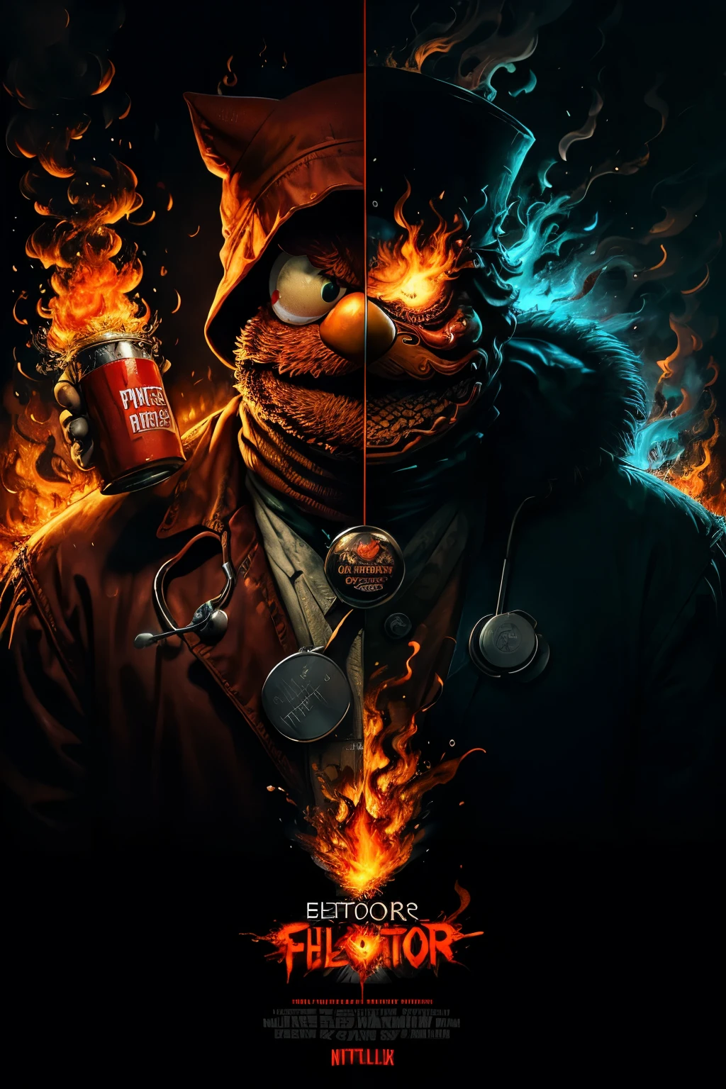 (Masterpiece), ((Best quality)), 4K, Highly detailed, ultra-detailed,
A captivating Netflix poster image of Elmo, the beloved Sesame Street character, holding a pill bottle in his small, velvety hand. The background of the scene is ablaze with the fiery flames of a burning doctor's office. Smoke billows out from the windows with swirling, chaotic energy, creating a stark contrast to the calm and gentle expression on Elmo's face.
The doctor's office is engulfed in an orange and red inferno, its once pristine white walls now darkened by the ravenous flames. Shattered glass from