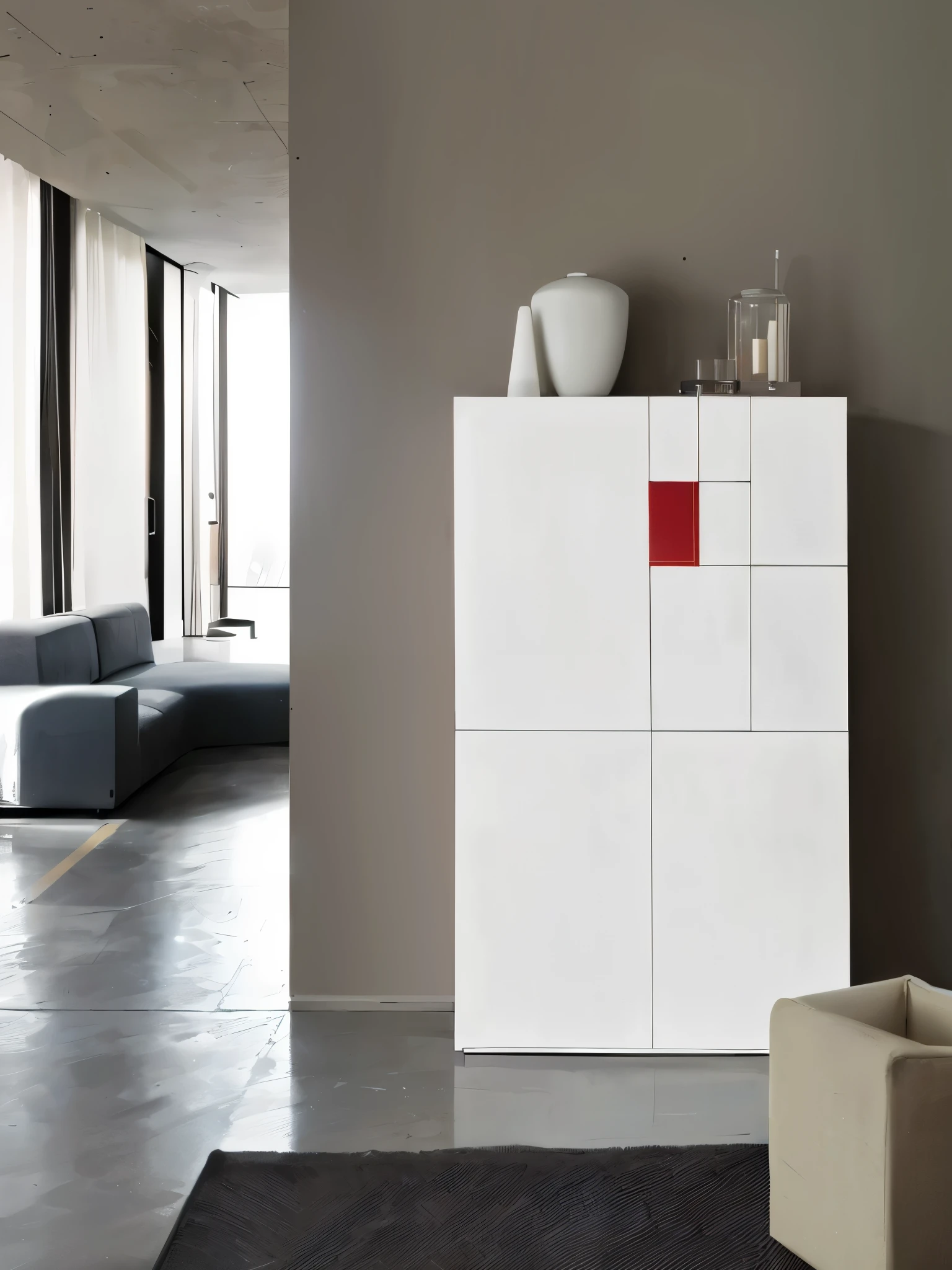 There is a white cabinet,There are red squares on it, 优雅的Minimalism, simple furniture, minimally modern, designer furniture, white furniture, style furniture, modern gallery furniture, Modern and simple, silver white red details, vivid composition, cabinet furniture, Minimalism design, Encouraging, white and red color scheme, white finish, Utrecht, ocher, smooth white, Minimalism