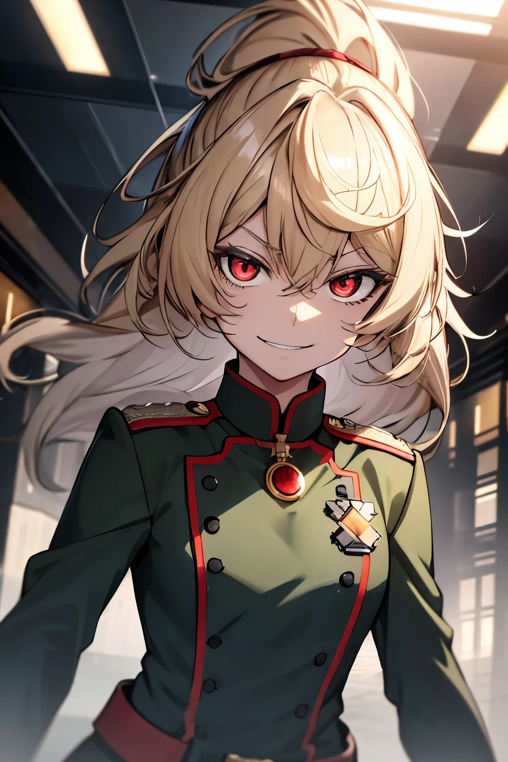 (masterpiece, best quality: 1.1), 1girl solo, tanya, 1girl, solo, , flat chest, small breasts, curvy, military, military uniform, ,, evil smile, wicked expression, anger, red eyes, neutral lighting