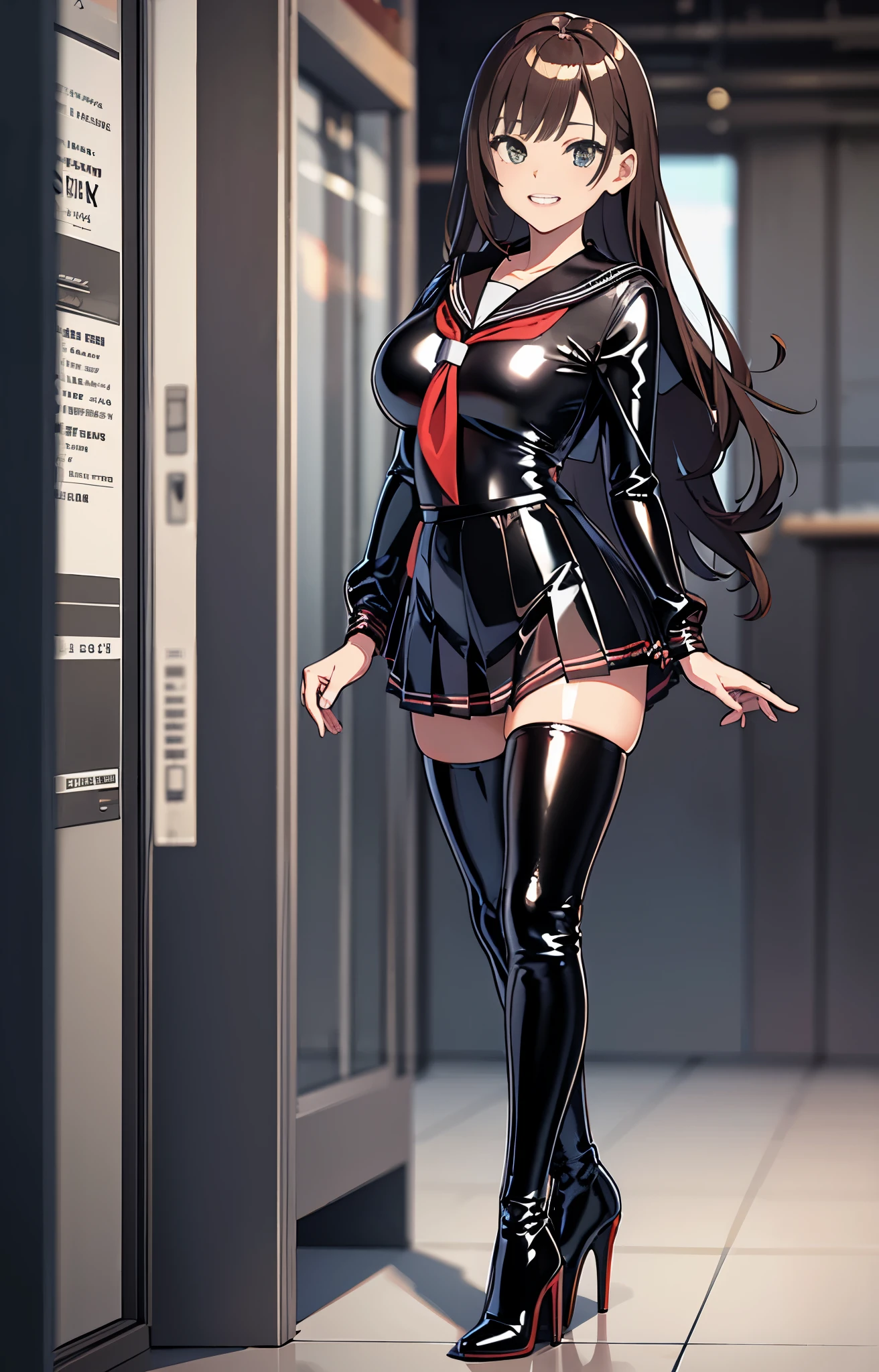 official art, (Mistress)、Highly detailed CG Unity 8K wallpaper, highest quality, masterpiece, High resolution,shiny latex thigh-high boots, Brown straight long hair, brown belt, leather shoulder bag、latex gloves, (shiny latex sailor suit:1.6)、(Latex School Uniform)、(shiny latex pleated skirt:1.6)、 Leather texture, full body photo, melon face, small face, (big breasts)、(grinning grin)、(latex high heels)、tread on、kicking