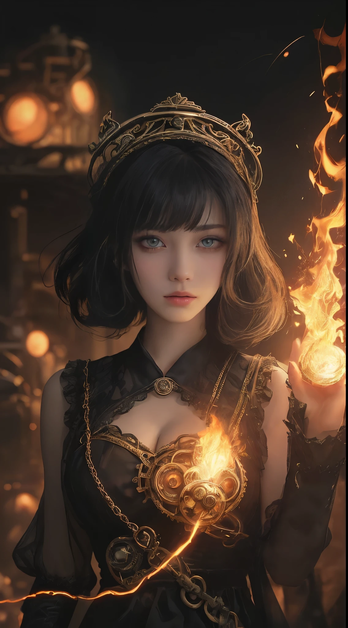 Magical girls, Overdecorated complex mechanical fashion, Complex mechanical steampunk factory, Complex mechanical magic weapon, Magic activated, Female, , (((Thick bangs))), Beautiful long black hair curled vertically and heavily disheveled in the wind, Long slit eyes, Three very large crescent shaped eyes, Very large eyes, dark gray eyes that shimmer like jewels, Long eyelashes, Very thin small nose, Very small mouth, Very thin upper lip, Light colored natural makeup, Very slender and attractive body, Steampunk headgear, black lace flared skirt, Complicated mechanic's very ornate and overdecorated mechanical, Overdecorated steampunk and overdecorated gothic punk, beautiful breasts that are upturned and small, A complex mechanic's Steampunk factory exploding into flames in the background, The skies of outer space are filled with bombs and laser beams, (Countless neon glare pouring down from the heavens), (Cinematic lighting decorations), (Very dramatic increase in overall accuracy, Creating a very detailed and realistic image), (Beautifully rendered with striking contrasts for added visual impact). (Very realistic, yet creates a very dreamlike texture, Immersing the viewer in a mesmerizing visual experience), (Ultra-detailed backgrounds), (Dark and Mysterious: 1.2), (((Super top masterpiece))), (((Super top quality))), (((Super top detailed face))).