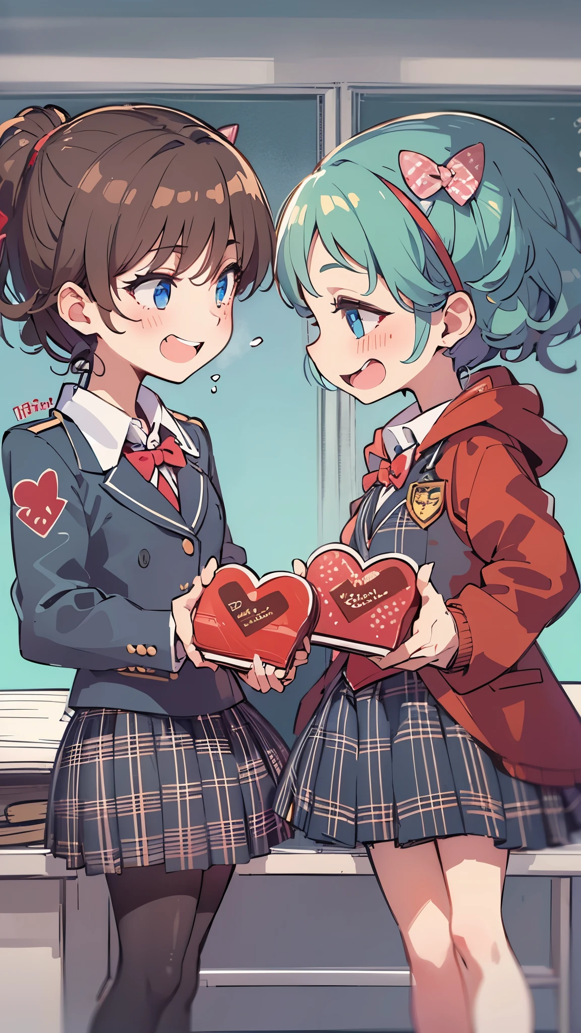 (2 cute girls, holding valentine chocolate) ((face each other, give each other Valentine's day chocolates)),(in a school blazer), in the school classroom, break, (one girl is forehead blue hair long hair blue eyes love smile glossy mouth), break, (one girl is curly black hair long hair red eyes sexy smile), break, perfect anatomy, masterpiece:1.2, best quality, 8k, beautiful detailed grow, daydreaming expression.