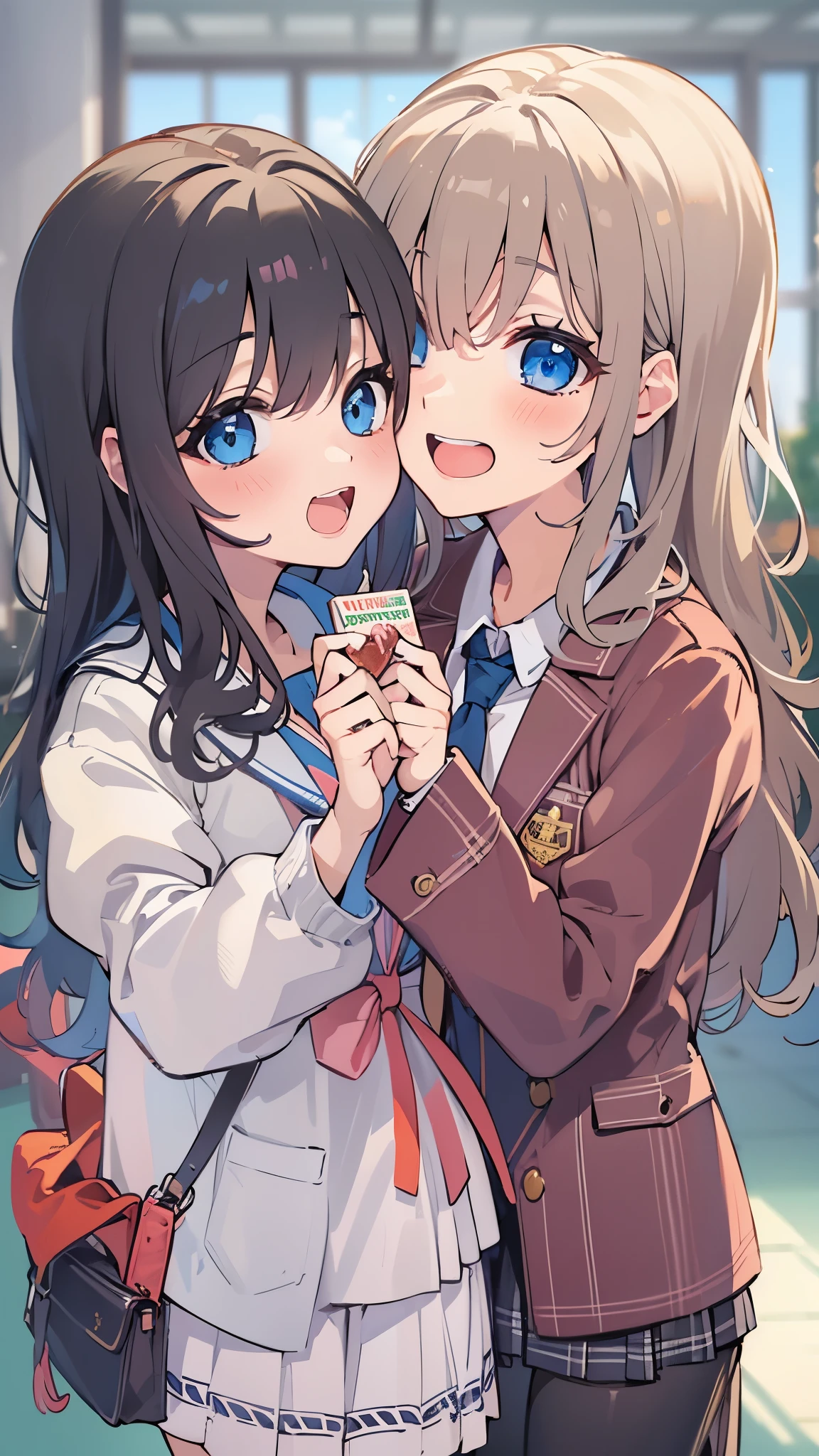 (2 cute girls, holding valentine chocolate) ((face each other, give each other Valentine's day chocolates)),(in a school blazer), in the school classroom, break, (one girl is forehead blue hair long hair blue eyes love smile glossy mouth), break, (one girl is curly black hair long hair red eyes sexy smile), break, perfect anatomy, masterpiece:1.2, best quality, 8k, beautiful detailed grow, daydreaming expression.