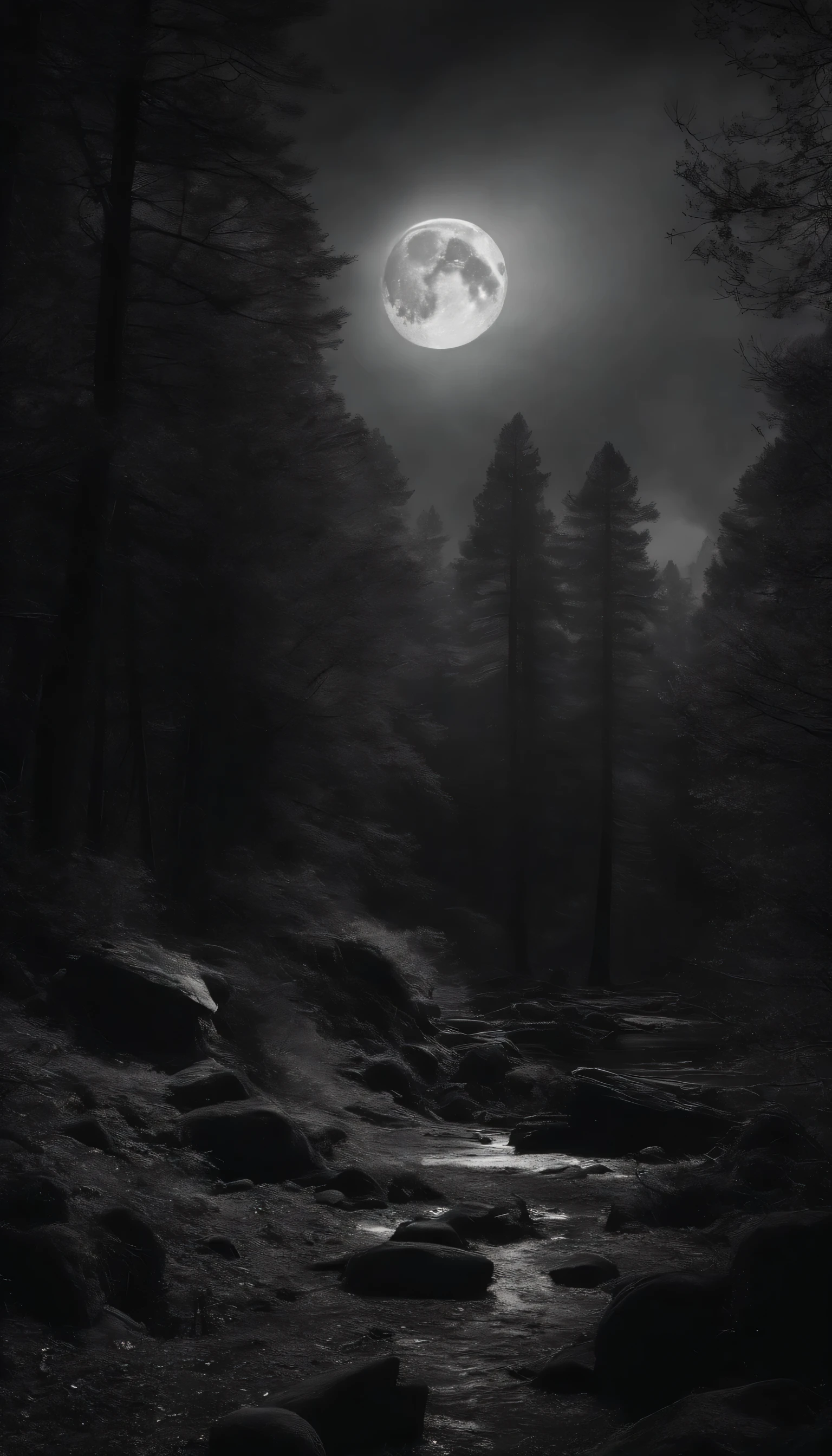 Genera una impactante escena post-apocaliptica en blanco y negro de una criatura mutada, illuminated by the dim light of the moon in the shadows of a forest overrun by toxic plants in a devastated landscape. Focus on transmitting terror, soledad, Desolation and despair.