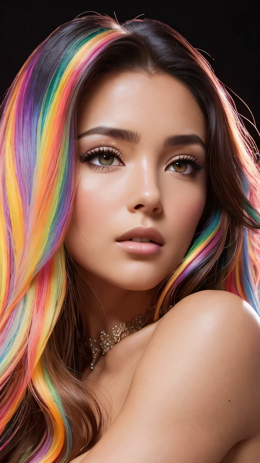 style, model essay style, RAW photo ((portrait:1.8)) of a (young:1.5), ((color photo:1.5)), (long hair, multicolored hair:1.7), ((beautiful face: 1.7, perfect face:1.3)), looking at the viewer, (shiny body:1.5, pale skin:1.5), best quality, epic (by Lee Jeffries and Quentin Tarantino photo, Sony A7, 50 mm, pores:1.5, colors, hyperdetailed:1.5,   film grain: 1.4, hyper-realistic: 1.5), octane rendering, hyper-realistic realistic texture, masterpiece, unreal engine 5, extremely detailed CG 8k wallpaper unit, realistic eyes, UHD, HDR, DSLR, Madly detailed photo, (ecstasy of light and shadow, deep shadow), (Winner of Pulitzer Prize for Photography and Taylor Wessing Award for Photography)