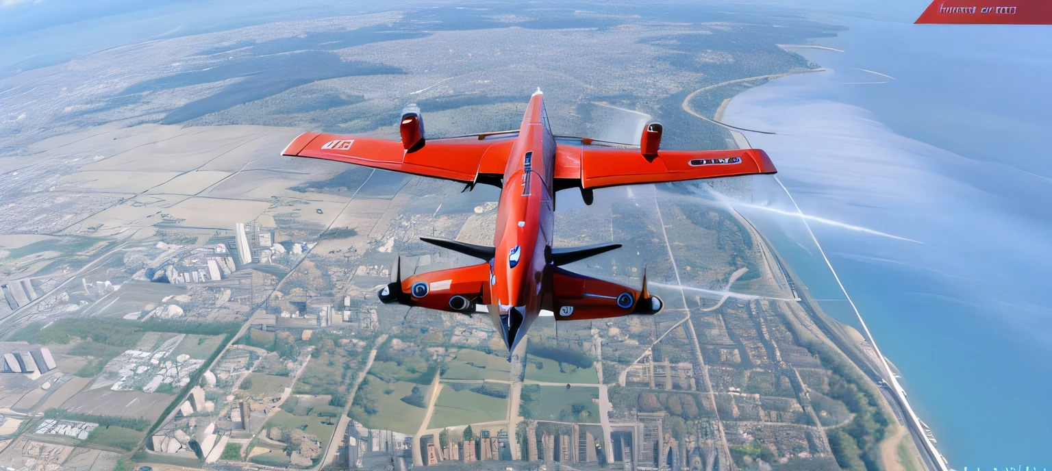 arafed plane flying over a city with a lot of buildings, flying scarlet phoenix, realistic 