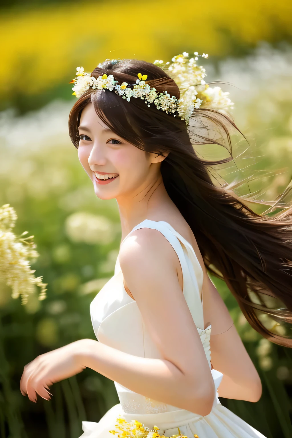 beauty of japan、18-year-old、long brown black hair、highest quality、High resolution、running backwards、Just turn your face towards me、Running through a field of rape blossoms、a woman is running、smile、elation、Looks great in photos、realistic、Wedding dress、wear a crown made of flowers、big bust、big ass