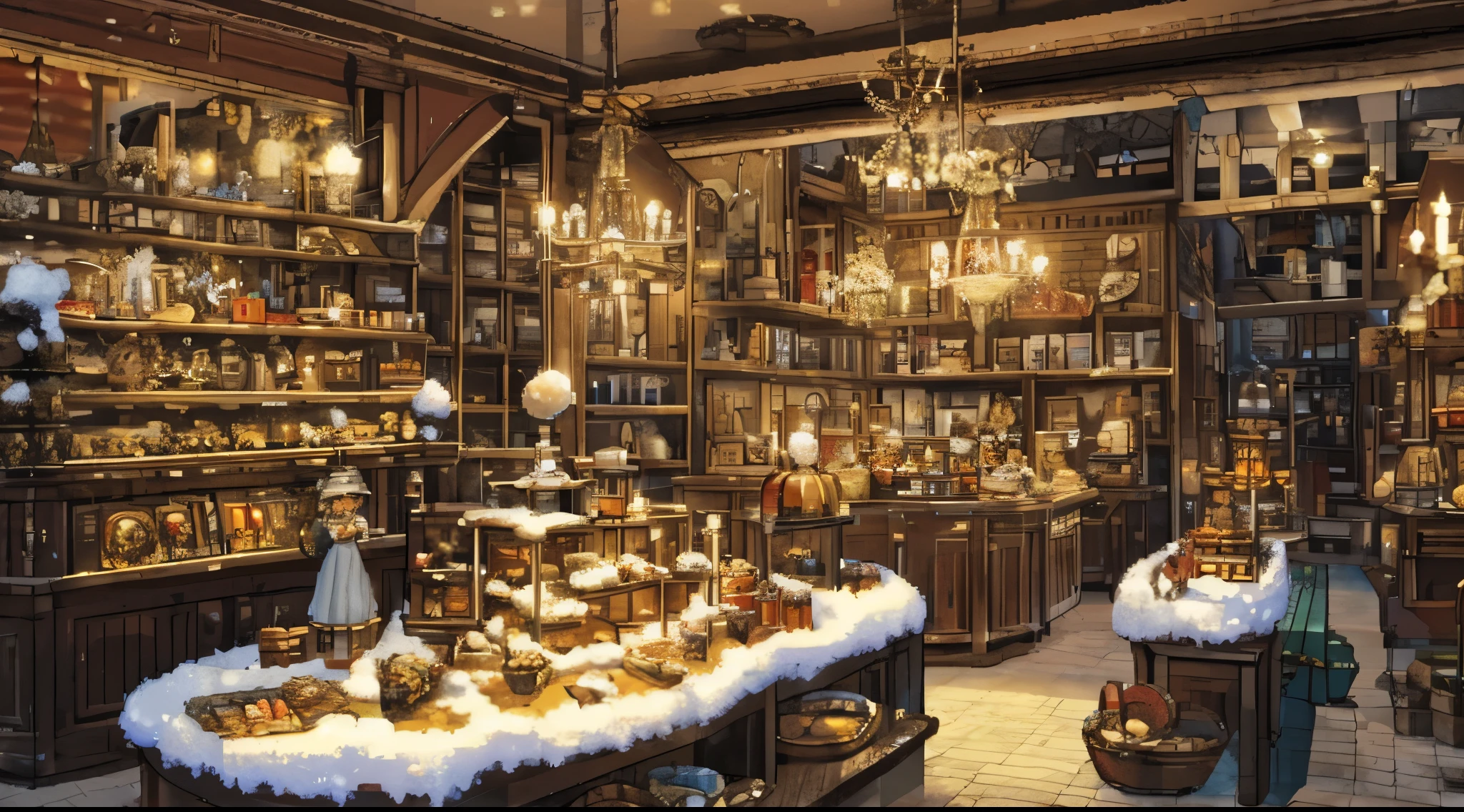 A circular interior with an atrium ceiling, firelight, a nutcracker, a wooden steam locomotive model, a phonograph, stuffed animals, soldier ornaments, sugar candies, a rocking horse, building blocks, Christmas ceramic miniatures, candy canes, antique clocks, and miscellaneous goods. , Inside a toy store in Germany, where antique toys such as snow globes, airplane models, and dollhouses are lined up, Inside a toy store in Nuremberg, The world of German fantasy picture books, Andersen's fairy tales, Inside a toy store in Nuremberg , Germany, a store that looks like a fairy-tale toy box turned over,Christkindlesmarkt, a fantastic toy town that looks like the world of a picture book, antique, junk, toys in a snowy town The interior of the shop is warm and lit by goodslight, has an atrium, toys all over the wall, looks like a flea market, is of the highest quality, a masterpiece, a GermanChristmas market, a snowy town, lit up, wooden toys, nostalgic, Pocket watches, nutcrackers and wooden clocks, mechanical music boxes, building blocks, steam locomotive models, sugar candies, toy soldiers, ballerina music boxes, toy museums, fireplace lights, and ornaments,Fantastic