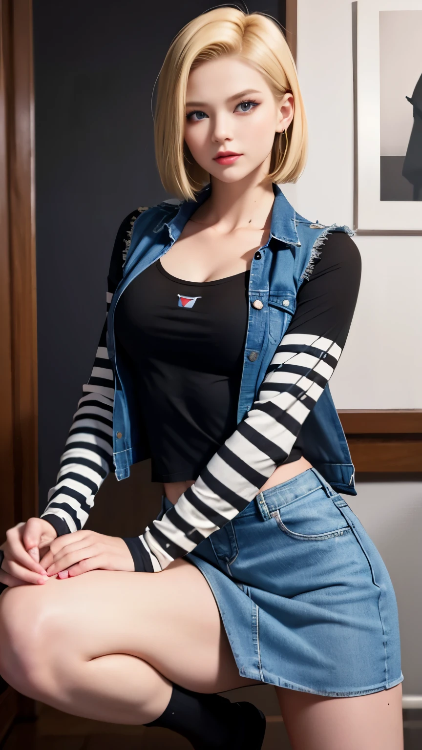 android 18, blonde hair, blue eyes, eyelash, hoop earrings, short hair, bring earrings, black socks, Black shirt, 胸pocket, cleavage, clavicle, denim, denim skirt, ハイウエストskirt, jewelry, long sleeve, pocket, shirt, shirt tucked in, skirt, striped, striped sleeves, waistcoat,