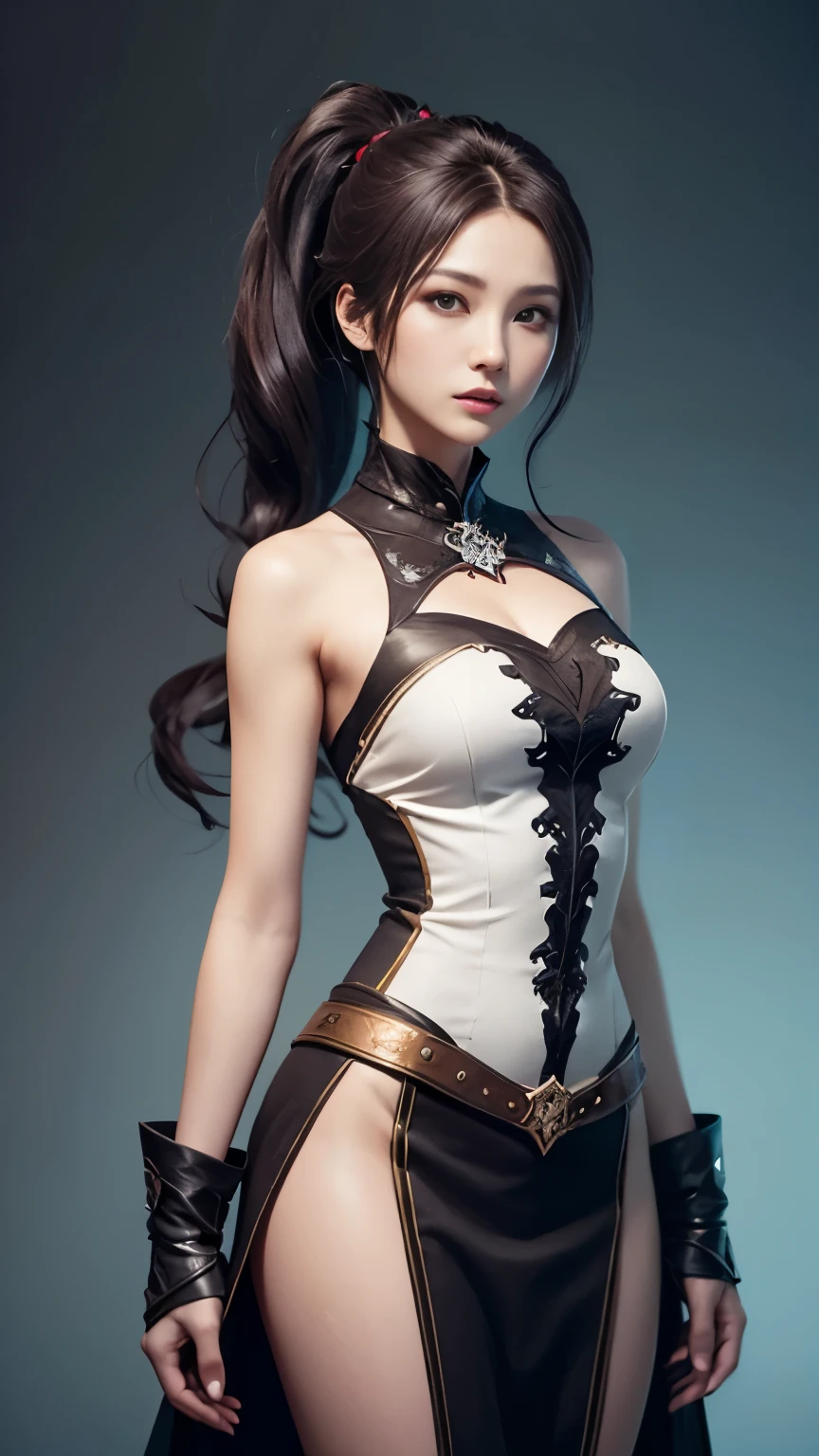 highest quality、master piece、mmorpg black desert characters、LANN、Korean Women、Narrow waist、white costume、black long hair、ponytail、beautiful face、Beautiful woman、cowboy shot、looking at the camera