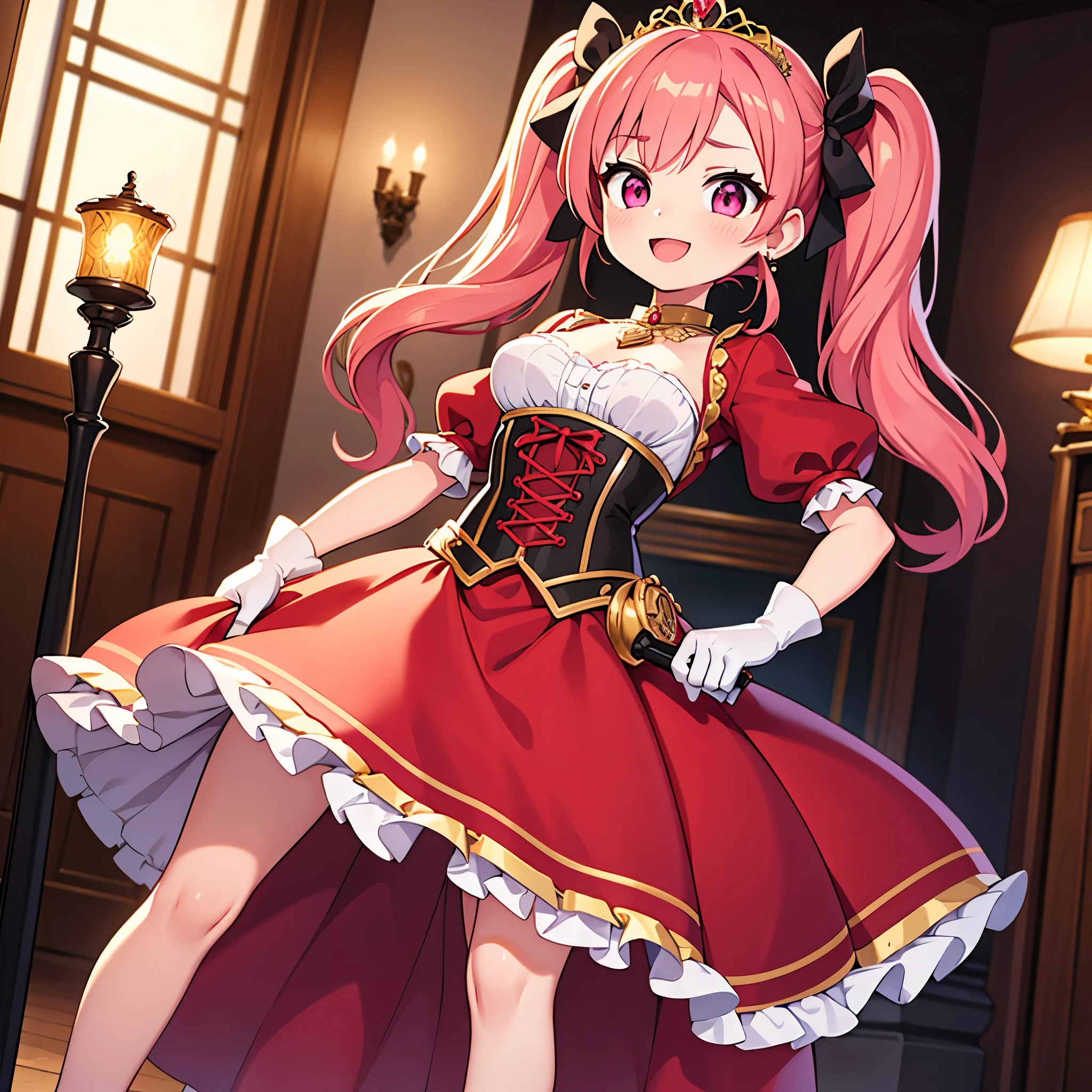 (best quality,4k,8k,highres,masterpiece:1.2),ultra-detailed, Pretty 15 years old princess, drawn in anime style, is cute and happy, long red pigtails hair, pink eyes, small breast, makeup and lipstick, steampunk, happy and excited expression, joyful and radiant vibe, red ball gown with puffy sleeves,gorgeous dress design,flowing gown,elaborate lace details,rich textures,contrast stitching,delicate ribbon bows,floral accents,full skirt,high neckline,short puffy sleeves,fitted waistline,lace-up back,luxurious fabrics,flawless silhouette, petticoat, bustle, corset, hair ribbons, white elbow gloves, ruby earrings and necklace, gold tiara, high heels, wielding a fire magic wand, standing in castle bedroom, feminine and elegant manners, highly detailed, 4K.