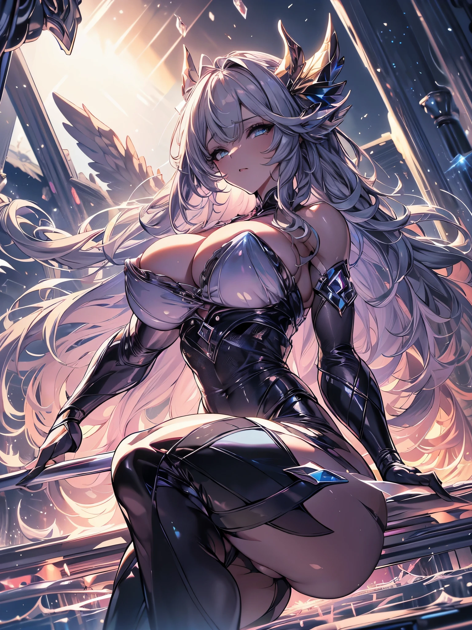 A crystaline sensual witch girl with moving hair, siting, long hair, white hair, black crown, long curved horns, cleavage, big breasts, nipples, translucent outfit, lifeless eyes, red light eyes, dark sky without any sparkles or stars, shadows, dark, big ass, thick muscle body, {wallpaper extremely detailed 16k CG unit wall}, expansive landscape photography, (a low view focusing on the character and setting), (wide open field view), (low angle shot), (high light: 1.2) , (low light: 1.7), (warm light source: 1.2), complex details, (iridescent colors: 1.5), (bright lighting), (atmospheric lighting), solo
