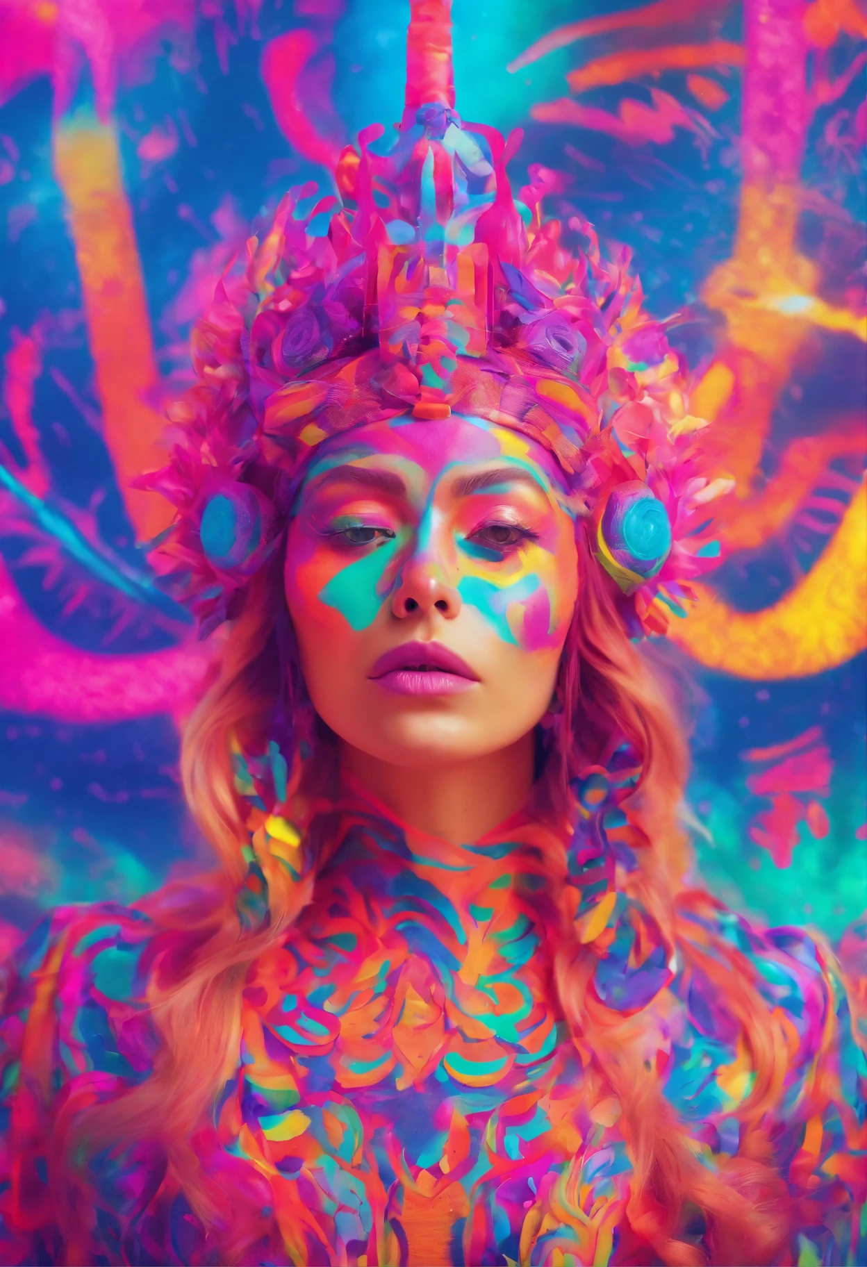 a woman with a neon makeup and headdress , transgressive art, sharp focus, 8 k, octane render , saturated colors, pastel colors