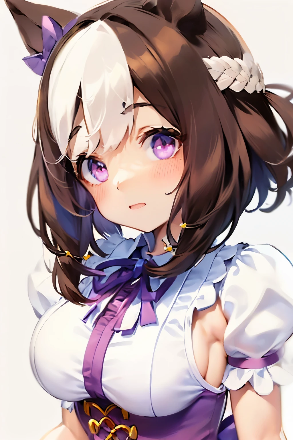 special_week_\(Umamusume)、bow ribbon、bow ribbon、bow ribbon、corsets、Fluffy breasts、nursing、toppless、teats、The upper part of the body、(Refers to the viewer:1.3)、Happiness、(White background:1.5)、(front-facing view:1.3)