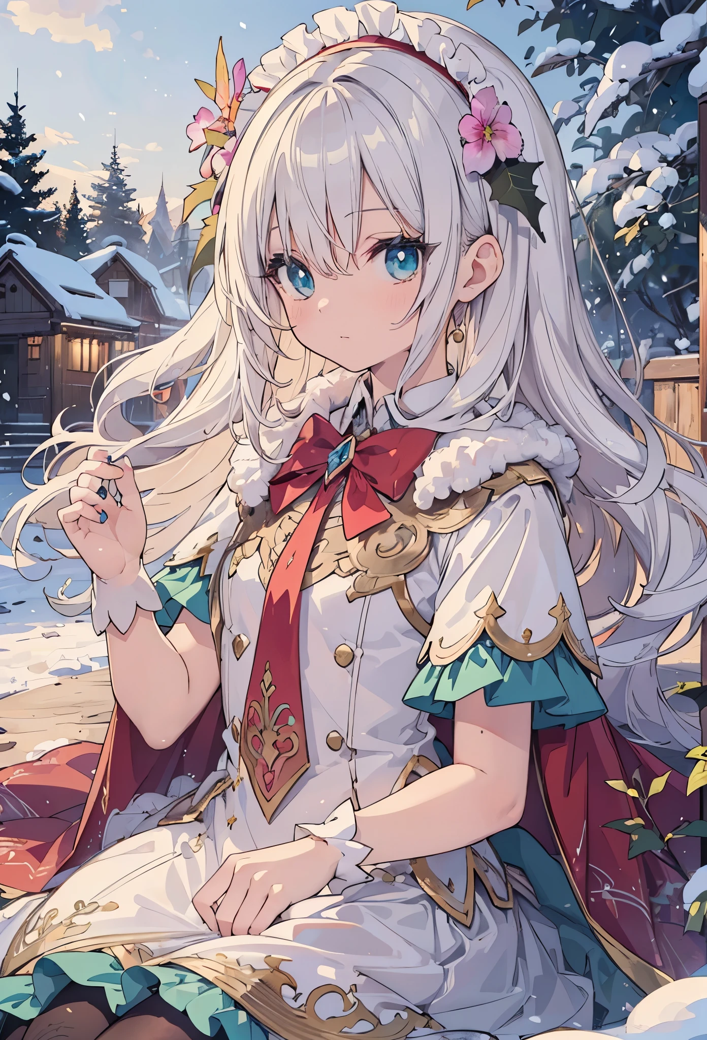 ((Highly accurate drawing in every detail)Extremely precise depiction)[High resolution],(detailed illustrations,Very detailed and precise drawing,Delicate drawn lines with tempo,Realistic texture expression),[color traced main line],[Winter Park [Walking trail](powder snow)],[HENTAI] kawaii ((anime) tareme Girl (Pretty) 12 years old [SKINNY [thin chest]]) (silver hair [[Hairstyles with a wide forehead]]) ((Magical girl)),((holly leaves) headdress) (Fur collared cape((frills) ribbon)[boa fabric dress][Color stockings],transparency [Soft ambient light] gravure [Colorful],(intricate and beautiful decoration [Dense detail]),(Fine and beautiful skin expression [transparency]),((Precisely drawn eyes))[完璧な目のdetailed((Beautiful eyes like jewels)Iris drawn in precise detail)[clearly drawn pupils]],[eyes light[Pinpoint lighting for the eyes]],[long and beautiful eyelashes],[precisely drawn hair [美しく艷やかな髪のdetailed]],(完璧な手のdetailed [Beautiful fingers with no damage [beautiful nails]]),(perfect anatomy(perfectly balanced proportions))[[full body portrait]],[ideal color coordination(Accurate simulation of light and material interactions)],([Precision Detail](detailed,High definition)),[[Pale and gentle colors]][Visual art that tells a story].