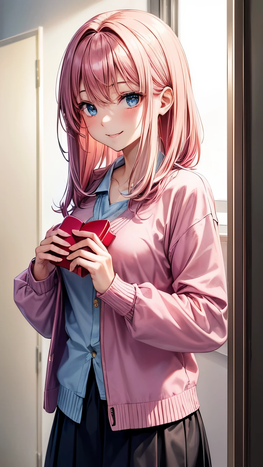 A 26 years old Japanese lady (( slender, medium breast )), straight medium hair(( light red gradients )), ((much shaggy forelock)), ((pink gradients )) colors cardigan ((light green indigo gradients shirt )), white long sleeves shirt, looking back pose,(( corners of her mouth are rising)),((no background))(( blue eyes, smile calmly )), have a small present square box in her hands (( for valentine day))