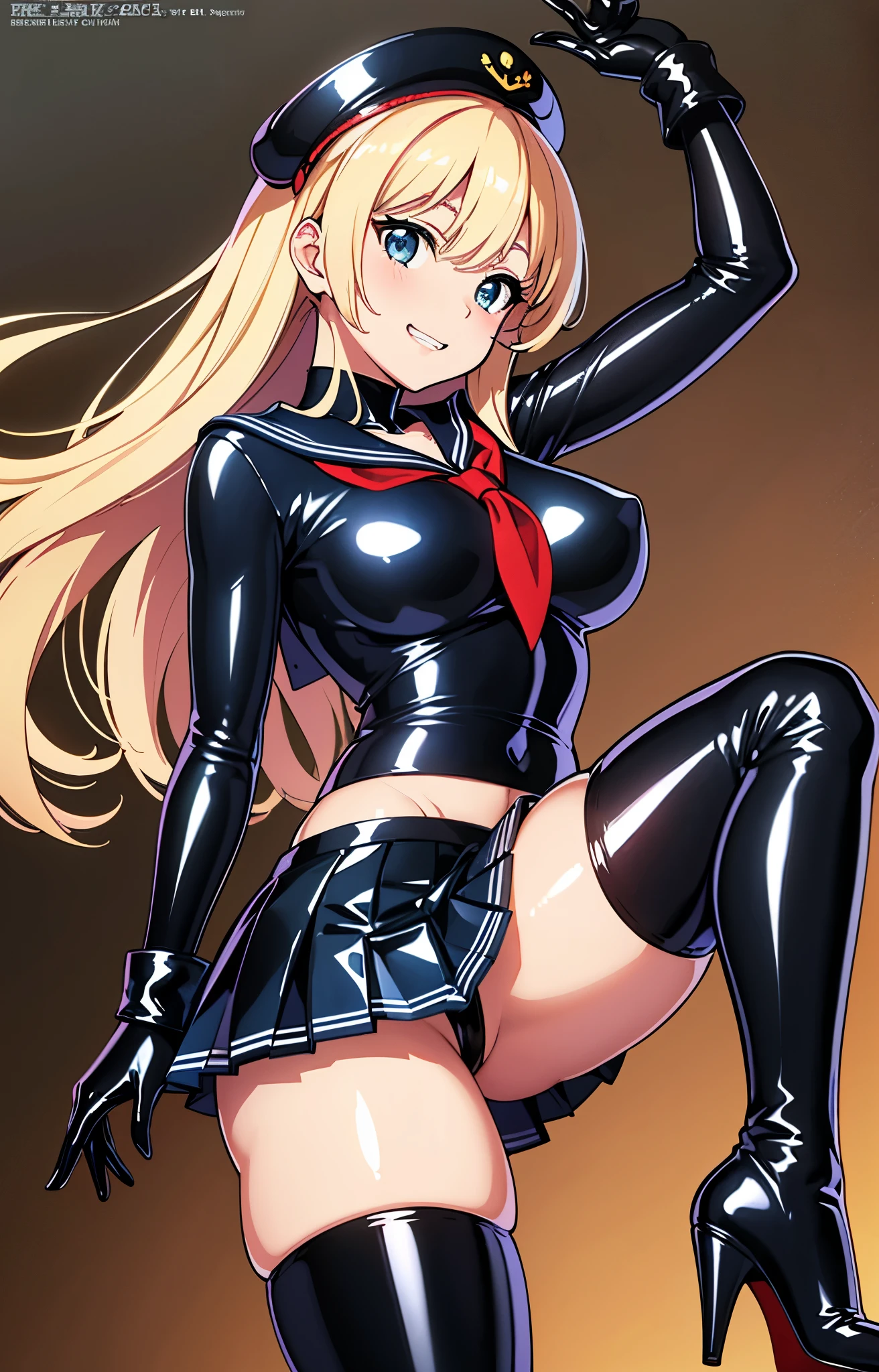 official art, Mistress、Highly detailed CG Unity 8K wallpaper, highest quality, masterpiece, High resolution,shiny latex thigh-high boots, Blonde straight long hair, brown belt,  leather shoulder bag、latex gloves,  (shiny latex sailor suit:1.6)、（Latex School Uniform)、(shiny latex pleated skirt:1.6)、 Leather texture, full body photo, melon face, small face, （big breasts）、（grinning grin）、（latex high heels）、tread on、kicking