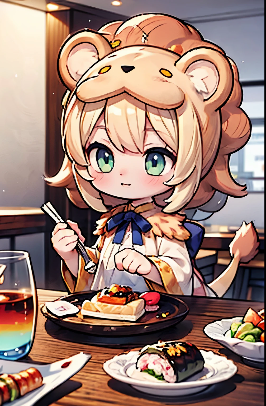 Girl | 8 | Saberlion Fantasy (Animal) Cosplay, Golden Lion Mantle | Short Blond Chibi Hair with Lion Mane | Bright Green Eyes | Scene of Bustling Japanese Restaurant with Diverse Characters | Savoring Sushi, Stacked Plates, Laughter in the Air | Styles: Animal Fantasy, Chibi, Childlike. (lion's mane:1.3)