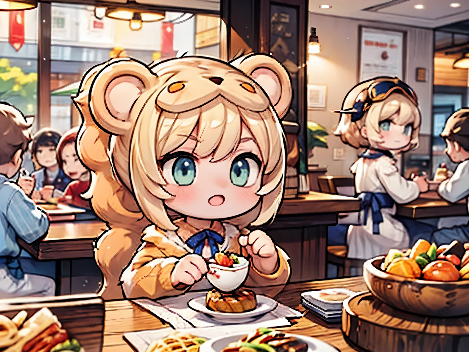 Lionelle, an *************** in a Saberlion cosplay, captivates a bustling Japanese restaurant. Amid diverse characters enjoying sushi, she savor joyfully, the scene filled with laughter. Lionelle's innocence and charm stand out in this enchanting moment, where her presence adds magic to the vibrant restaurant atmosphere.