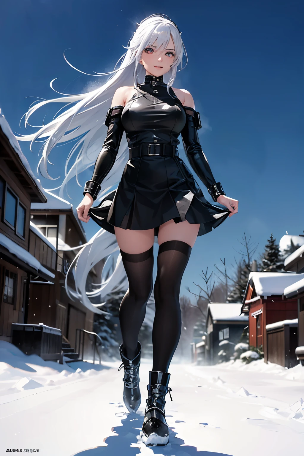 In the heart of a wintry landscape, a heroine girl clad in a black uniform, embodying the spirit of soft punk, stands out against the snowy backdrop. Her long, flowing hair cascades down her shoulders, catching the light and shimmering like strands of silver thread. Snow boots adorn her feet, their thick, insulating material making her agile movements on the frozen ground. her graphic novel-inspired appearance exudes an aura of semi-strength and charisma. A captivating and charming smile graces her lips, adding to her allure as she faces the elements unwaveringly.
(Graphic Novel Character: 1.3