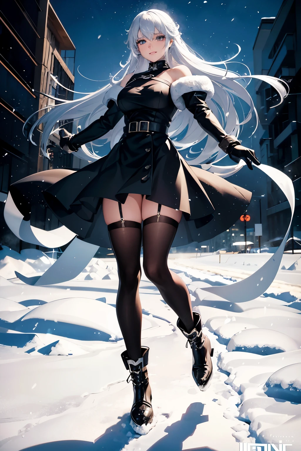 In the heart of a wintry landscape, a heroine girl clad in a black uniform, embodying the spirit of soft punk, stands out against the snowy backdrop. Her long, flowing hair cascades down her shoulders, catching the light and shimmering like strands of silver thread. Snow boots adorn her feet, their thick, insulating material making her agile movements on the frozen ground. her graphic novel-inspired appearance exudes an aura of semi-strength and charisma. A captivating and charming smile graces her lips, adding to her allure as she faces the elements unwaveringly.

(Graphic Novel Character: 1.3