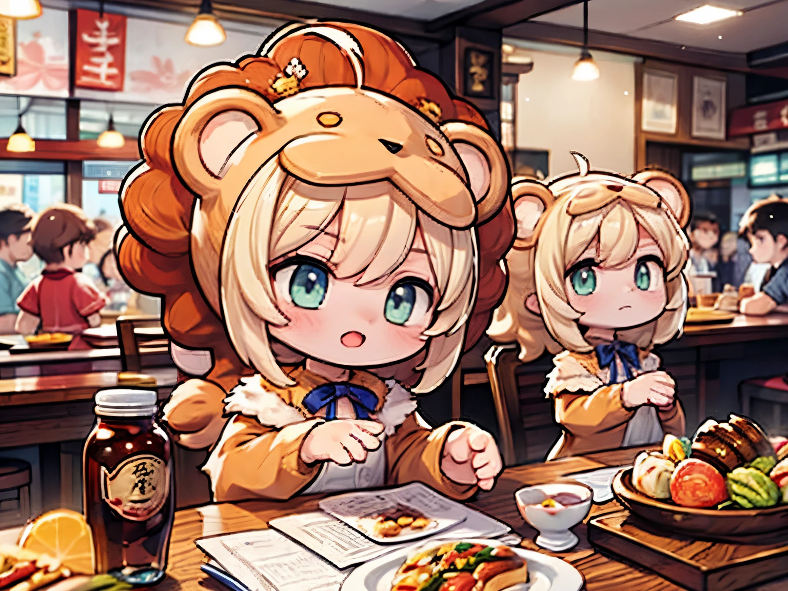 Lionelle, an 8-year-old girl in a Saberlion cosplay, captivates a bustling Japanese restaurant. Amid diverse characters enjoying sushi, she savor joyfully, the scene filled with laughter. Lionelle's innocence and charm stand out in this enchanting moment, where her presence adds magic to the vibrant restaurant  (lion's mane:1.3) 