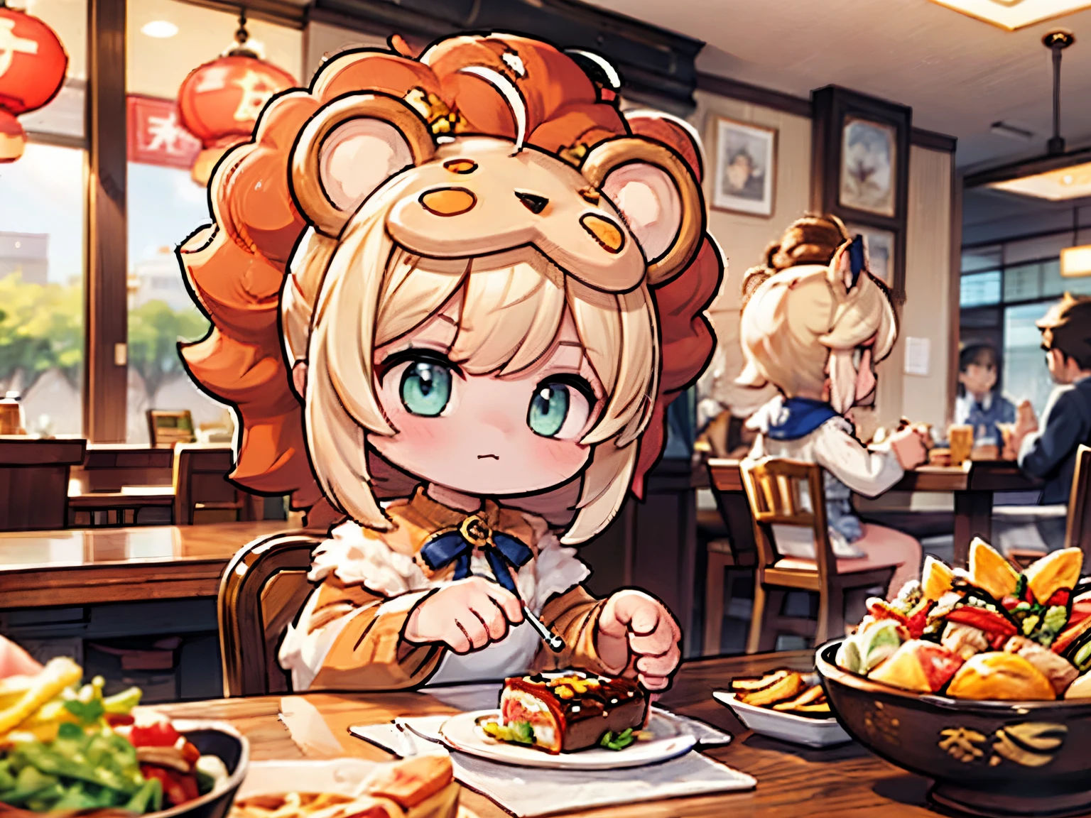 Lionelle, an *************** in a Saberlion cosplay, captivates a bustling Japanese restaurant. Amid diverse characters enjoying sushi, she savor joyfully, the scene filled with laughter. Lionelle's innocence and charm stand out in this enchanting moment, where her presence adds magic to the vibrant restaurant  (lion's mane:1.3) 