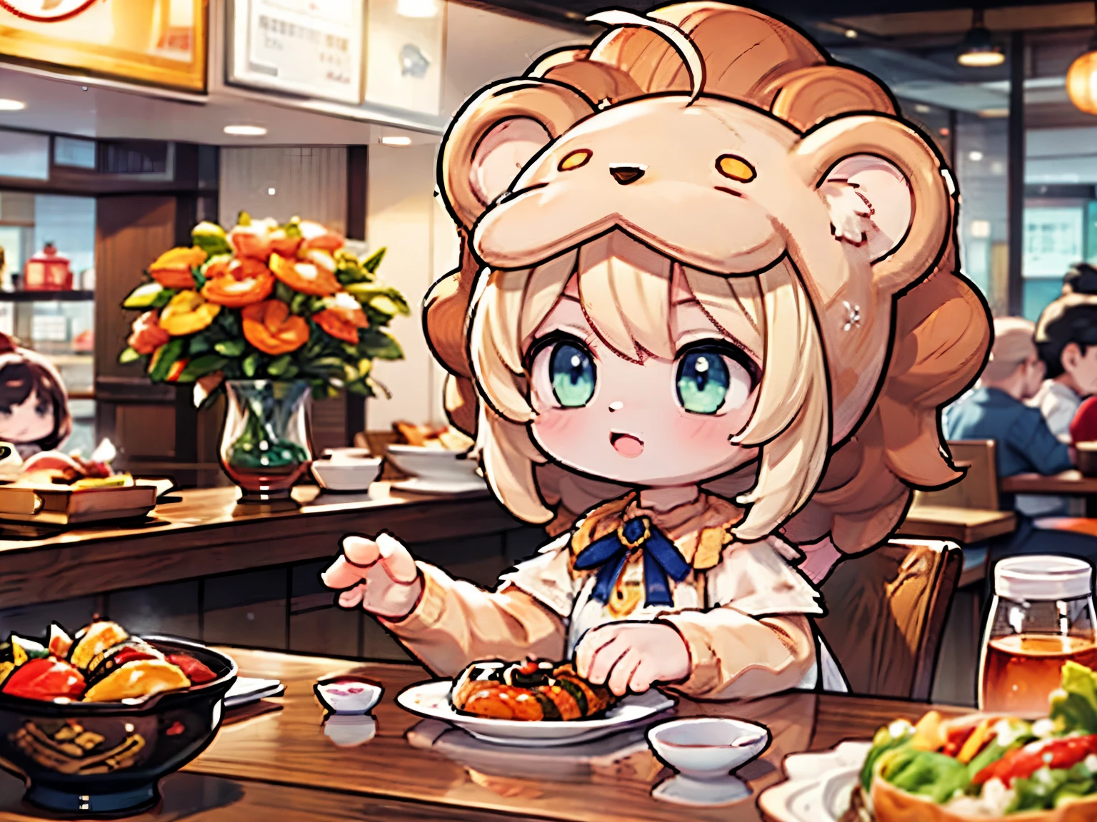 Lionelle, an 8--old l in a Saberlion cosplay, captivates a bustling Japanese restaurant. Amid diverse characters enjoying sushi, she savor joyfully, the scene filled with laughter. Lionelle's innocence and charm stand out in this enchanting moment, where her presence adds magic to the vibrant restaurant  (lion's mane:1.3) 