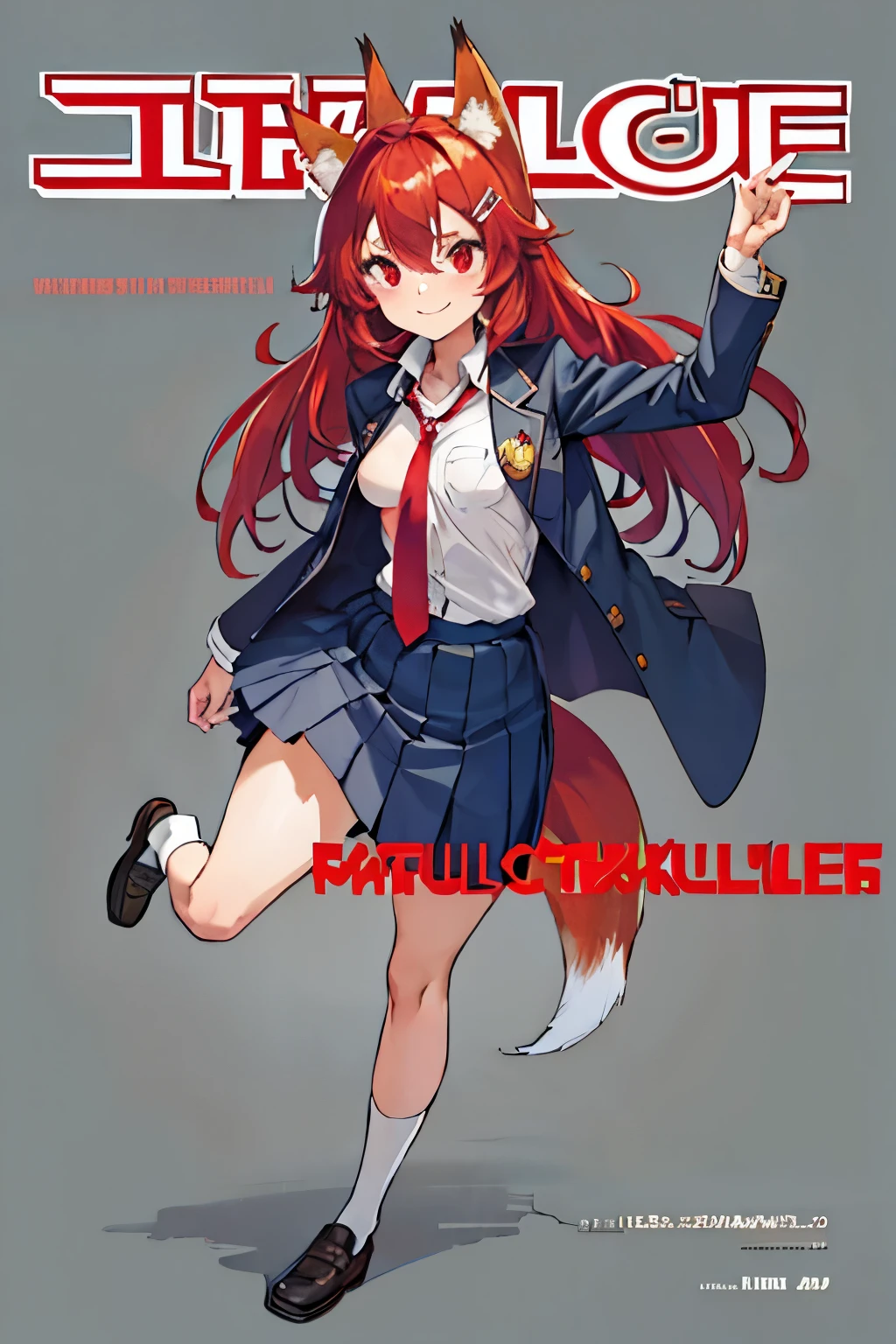 Firefox-Skollie, red eyes, fox girl, multiple tails, multicolored hair, 1girl, hairclip, solo, light smile, small breasts, looking at viewer, 
school uniform, pleated skirt, necktie, open jacket, magazine cover, simple background, 
(masterpiece:1.1), (best quality:1.1), (ultra-detailed:1.1), (illustration:1.1),