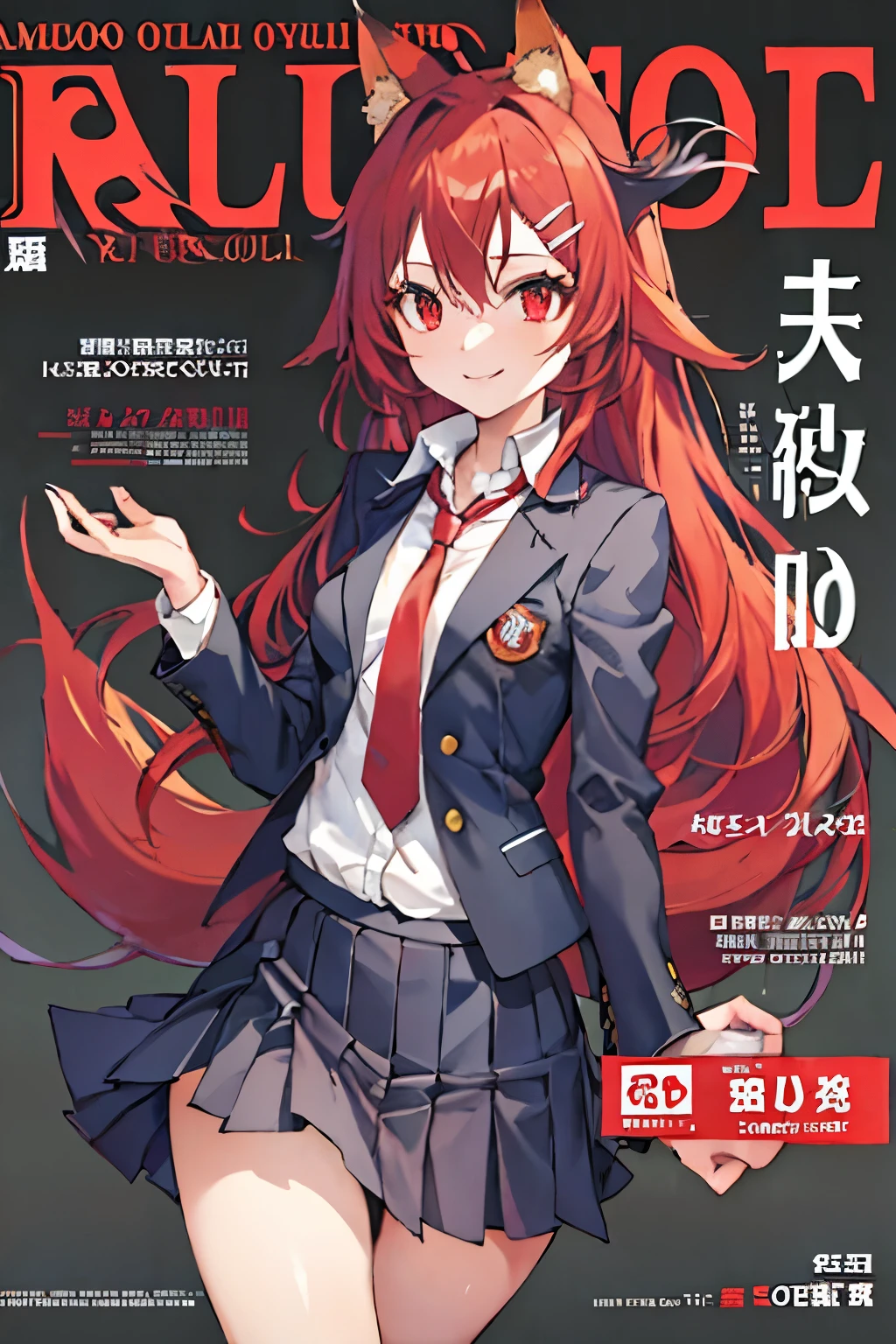 Firefox-Skollie, red eyes, fox girl, multiple tails, multicolored hair, 1girl, hairclip, solo, light smile, small breasts, looking at viewer,
school uniform, pleated skirt, necktie, open jacket, magazine cover, simple background,
(masterpiece:1.1), (best quality:1.1), (ultra-detailed:1.1), (illustration:1.1),