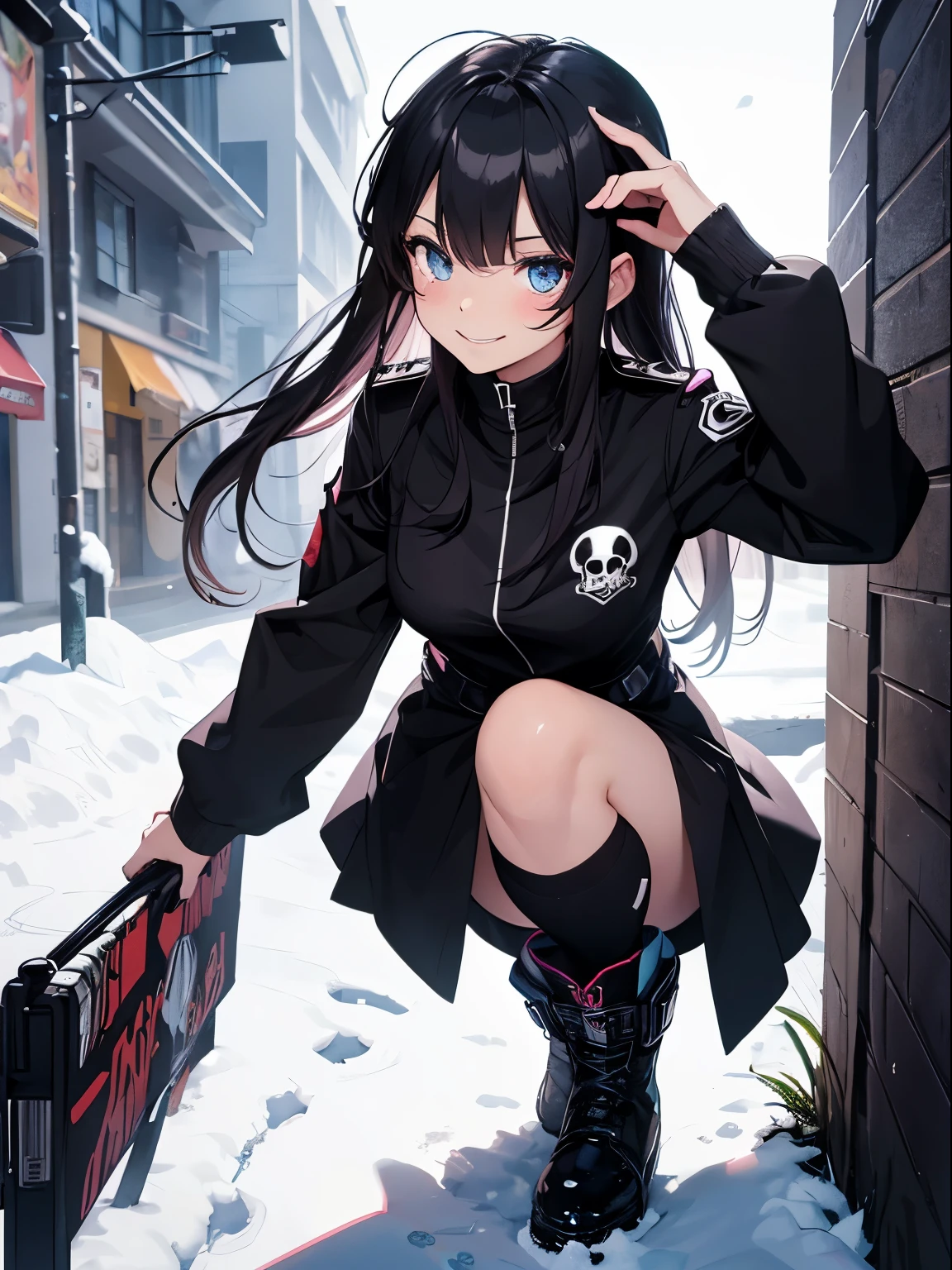 Heroine girl, black uniform, cute skull design on uniform, suit style uniform, soft punk, long flowing hair, snow boots, comic book style, agile, semi-strong smile, cute and charming