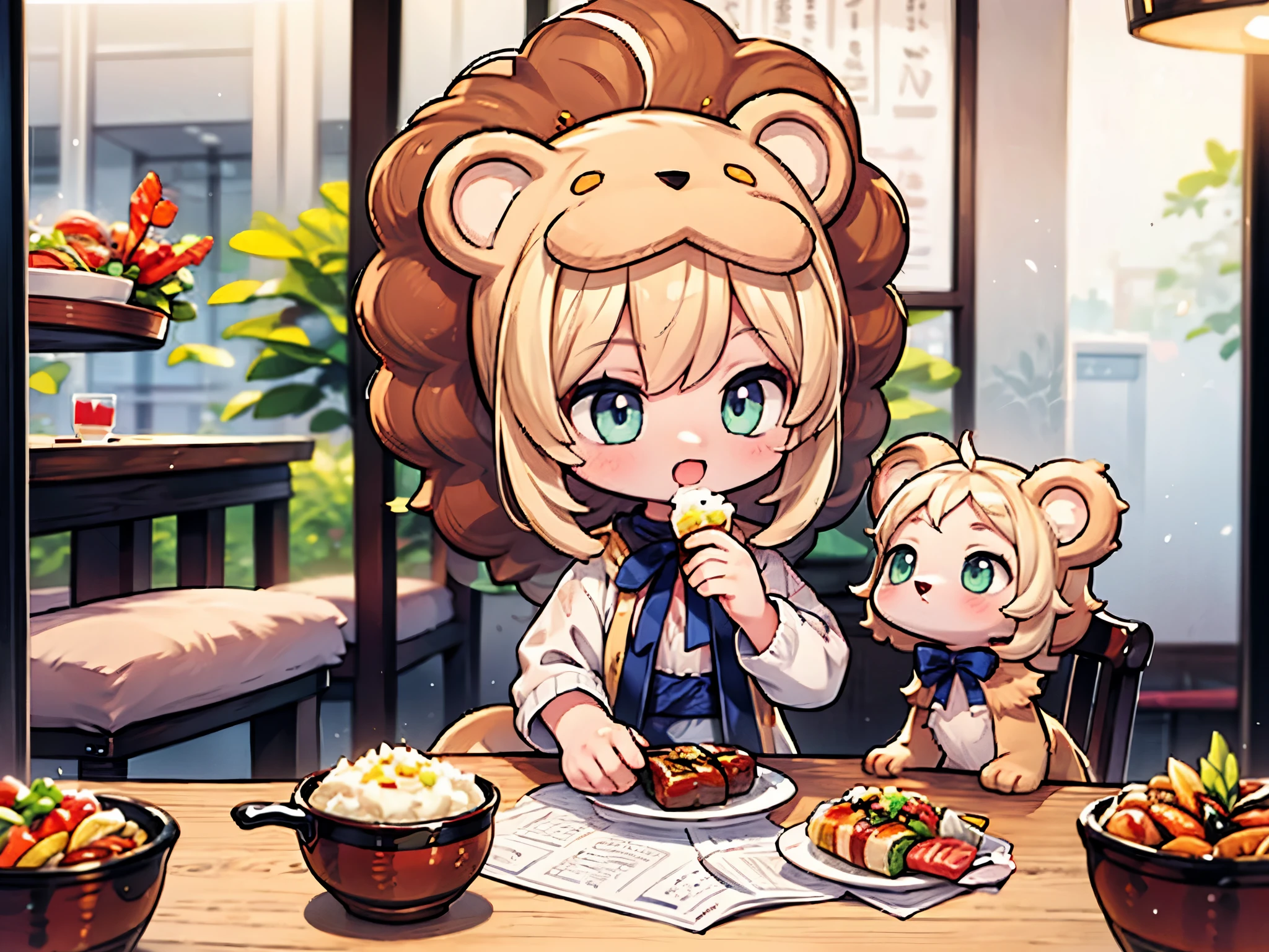 Lionelle, an *************** in a Saberlion cosplay, captivates a bustling Japanese restaurant. Amid diverse characters enjoying sushi, she savor joyfully, the scene filled with laughter. Lionelle's innocence and charm stand out in this enchanting moment, where her presence adds magic to the vibrant restaurant  (lion's mane:1.3) 