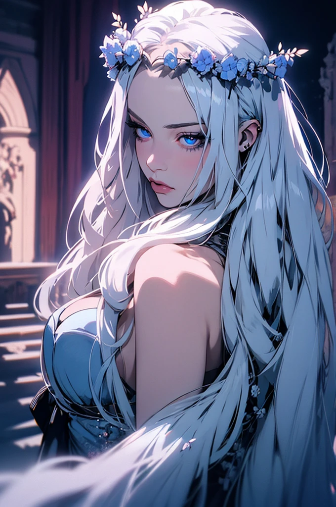 hyper-realistic  of a mysterious woman with flowing silver hair, piercing blue eyes, and a delicate floral crown, backwards, looking back, upper body