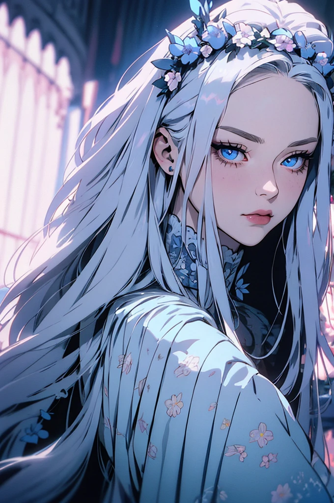 hyper-realistic of a mysterious woman with flowing silver hair, piercing blue eyes, and a delicate floral crown, backwards, looking back, upper body