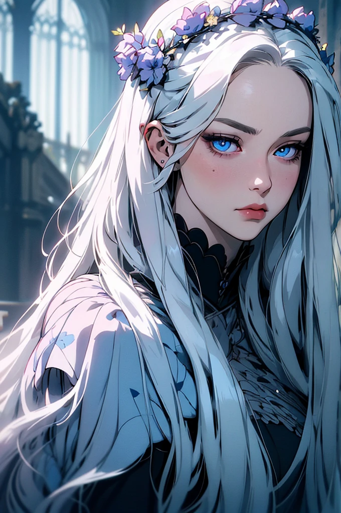 hyper-realistic  of a mysterious woman with flowing silver hair, piercing blue eyes, and a delicate floral crown, backwards, looking back, upper body