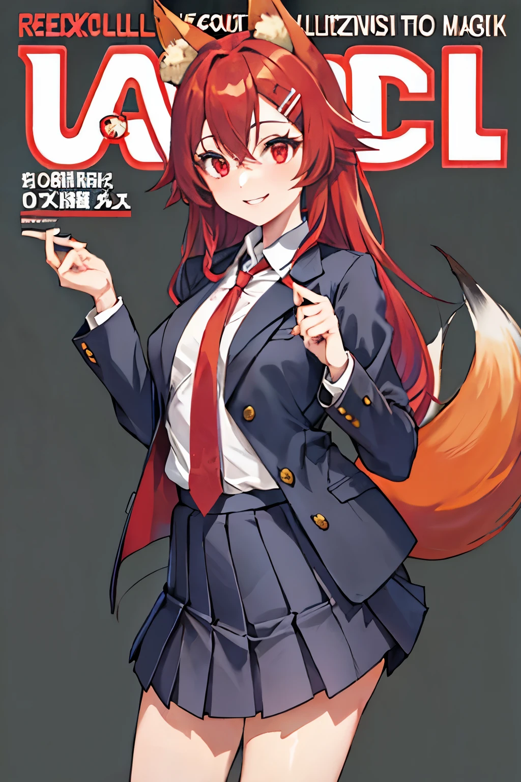 Firefox-Skollie, red eyes, fox girl, multiple tails, multicolored hair, 1girl, hairclip, solo, light smile, small breasts, looking at viewer, 
school uniform, pleated skirt, necktie, open jacket, magazine cover, simple background, 
(masterpiece:1.1), (best quality:1.1), (ultra-detailed:1.1), (illustration:1.1),