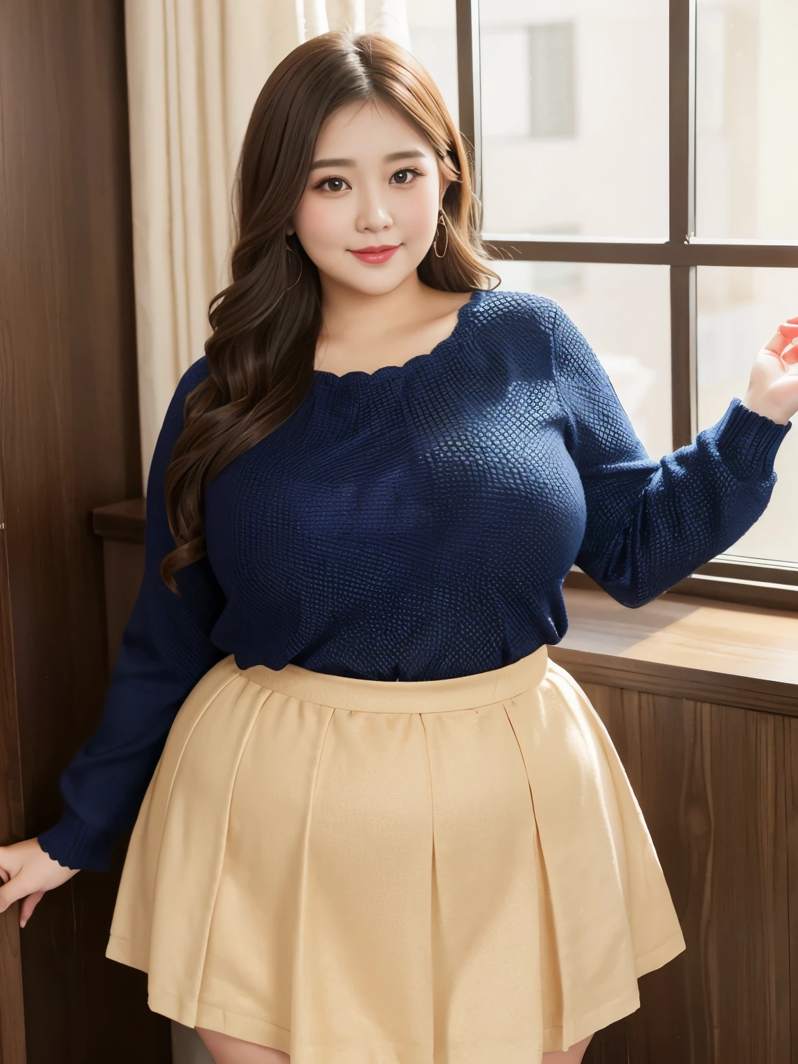 1 girl, obese body type, big breast size, big waist、round face, double chin, (Overweight), medium hair , long sleeve knit、lace gauze skirt ,looking at camera,in the room、((Show off your beautiful:1.3))
