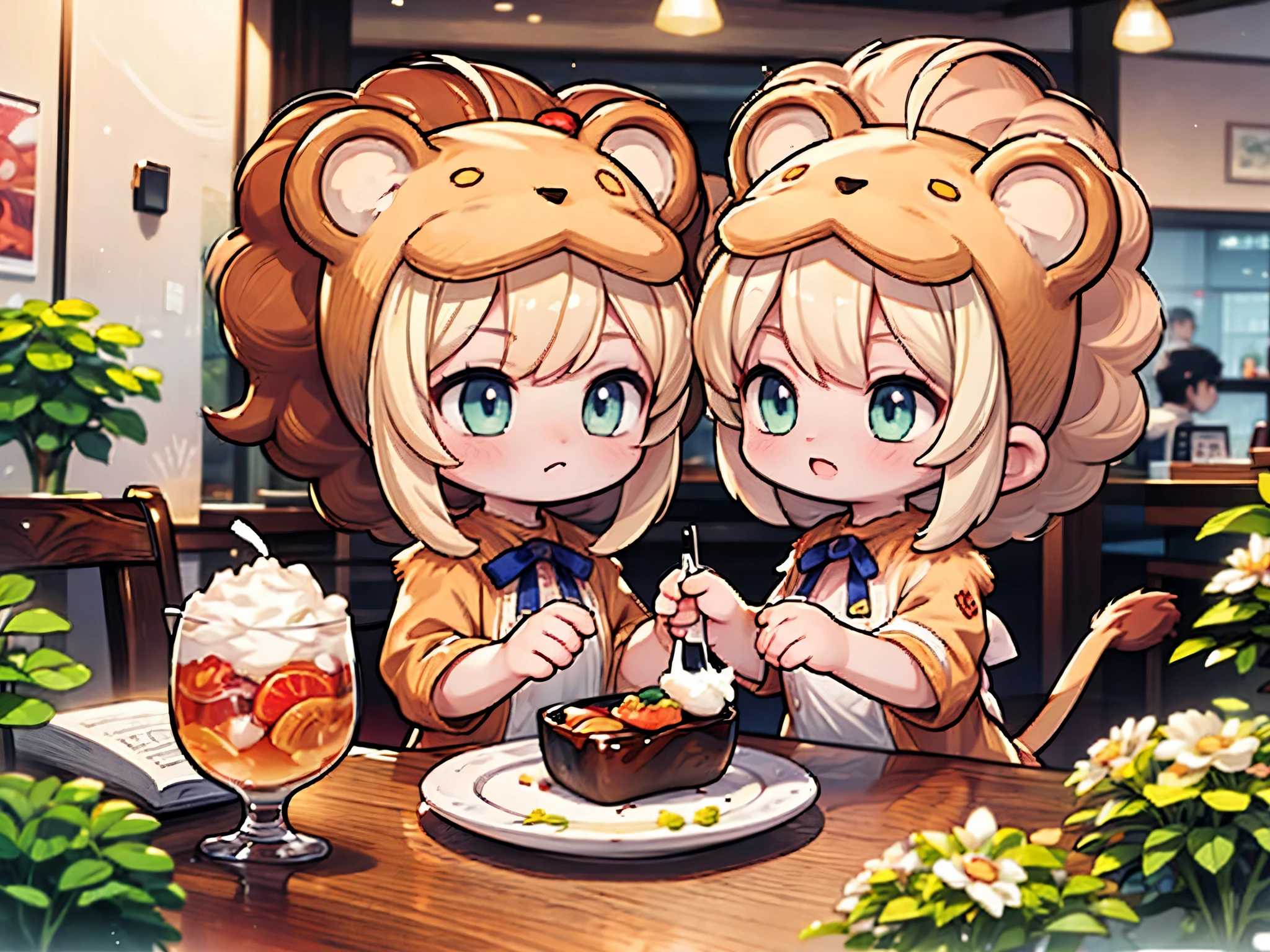 Lionelle, an 8--old l in a Saberlion cosplay, captivates a bustling Japanese restaurant. Amid diverse characters enjoying sushi, she savor joyfully, the scene filled with laughter. Lionelle's innocence and charm stand out in this enchanting moment, where her presence adds magic to the vibrant restaurant  (lion's mane:1.3) 