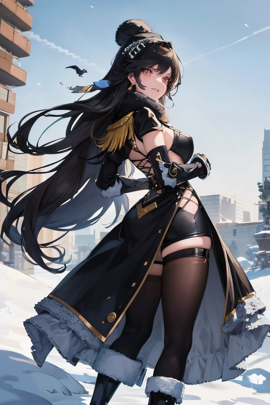 Amidst the frosty winter landscape, a heroine girl emerges, clad in a suit-style uniform with a cute skull design adorning the chest. The black fabric hugs her figure tightly, accentuating her agility and semi-strong demeanor. Long, flowing hair cascades down her back, escaping from under her beanie-style headgear. Snow boots cover her feet, adding an extra layer of protection against the icy terrain.
The uniform, in comic book style, boasts intricate details that resemble soft punk elements. The fierce grin she flashes is both cute and charming, revealing her determination and courage. As she treads through the snow, every