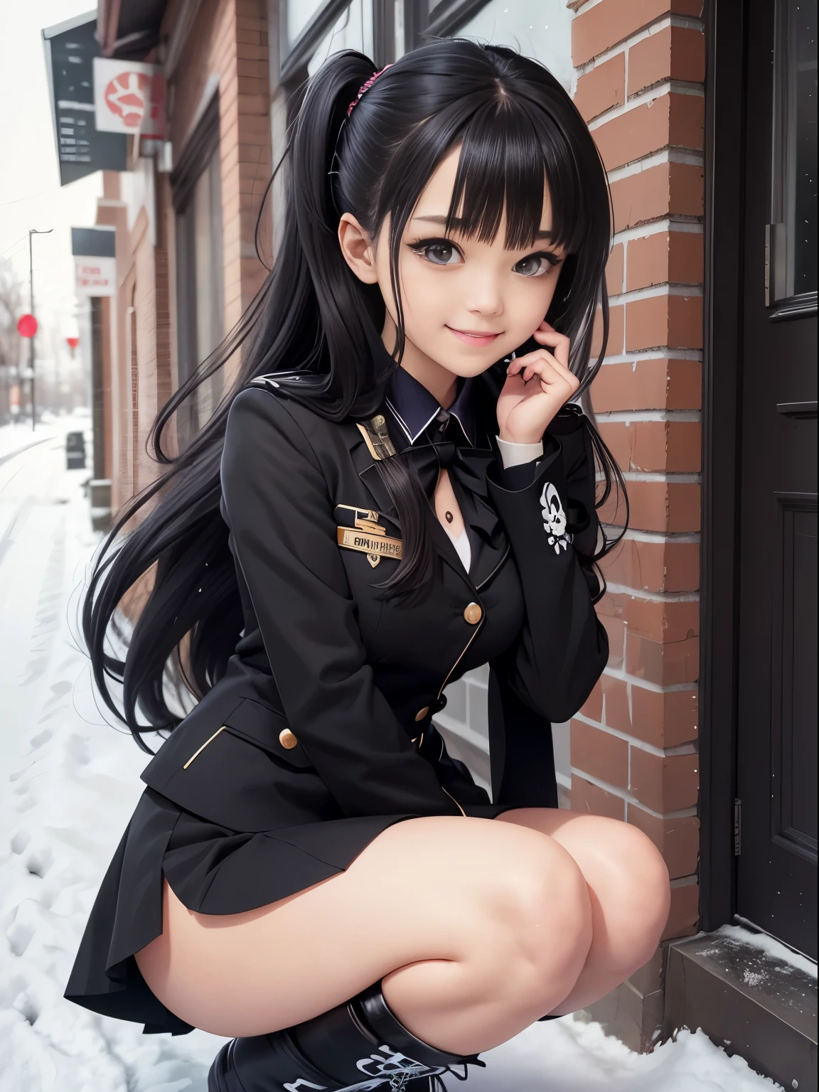 Heroine girl, black uniform, cute skull design on uniform, suit style uniform, soft punk, long flowing hair, snow boots, comic book style, agile, semi-strong smile, cute and charming