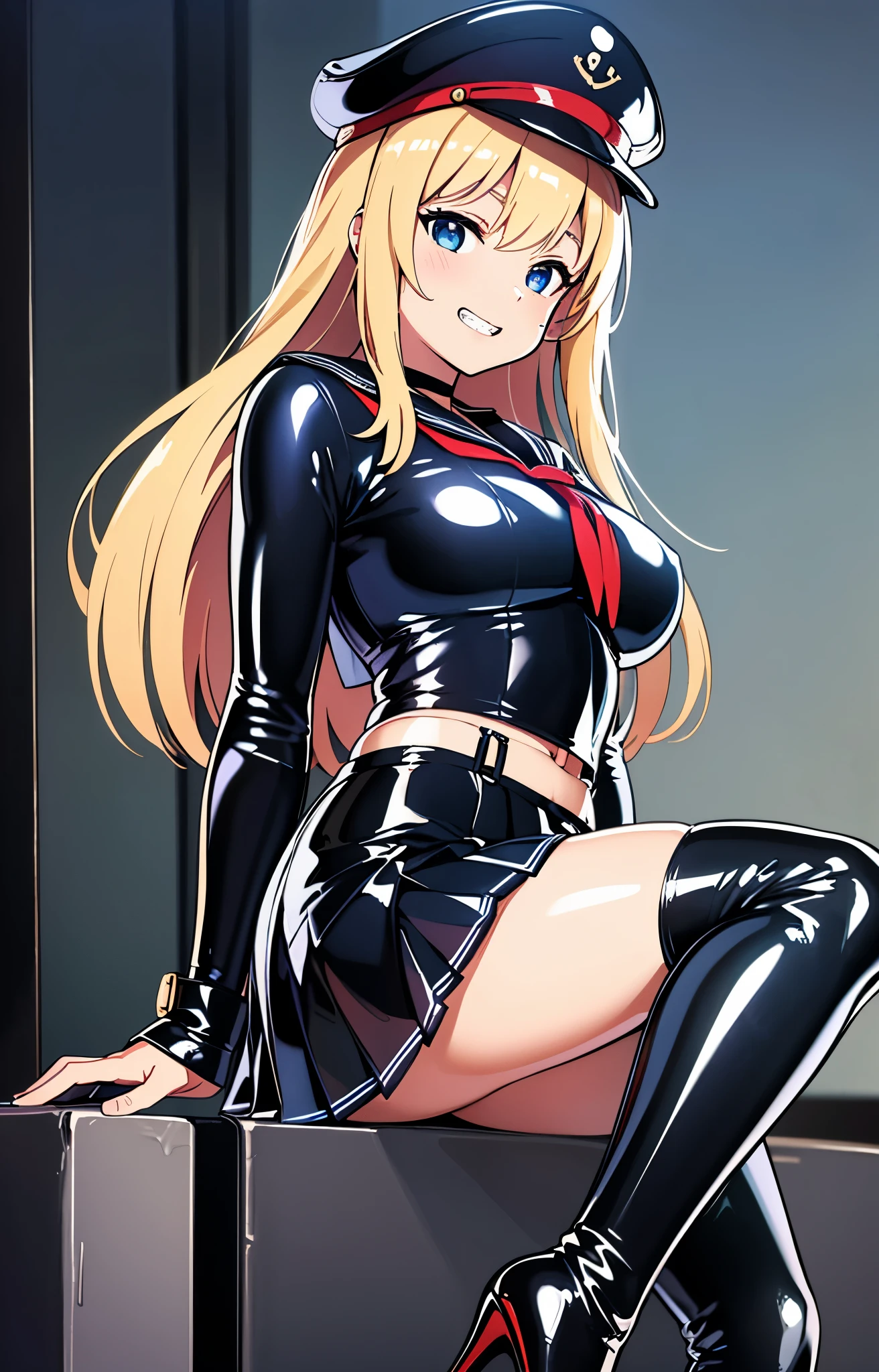 official art, Mistress、Highly detailed CG Unity 8K wallpaper, highest quality, masterpiece, High resolution,shiny latex thigh-high boots, Blonde straight long hair, brown belt, leather shoulder bag、latex gloves, (shiny latex sailor suit:1.6)、(Latex School Uniform)、(shiny latex pleated skirt:1.6)、 Leather texture, full body photo, melon face, small face, (big breasts)、(grinning grin)、(latex high heels)、tread on、kicking
