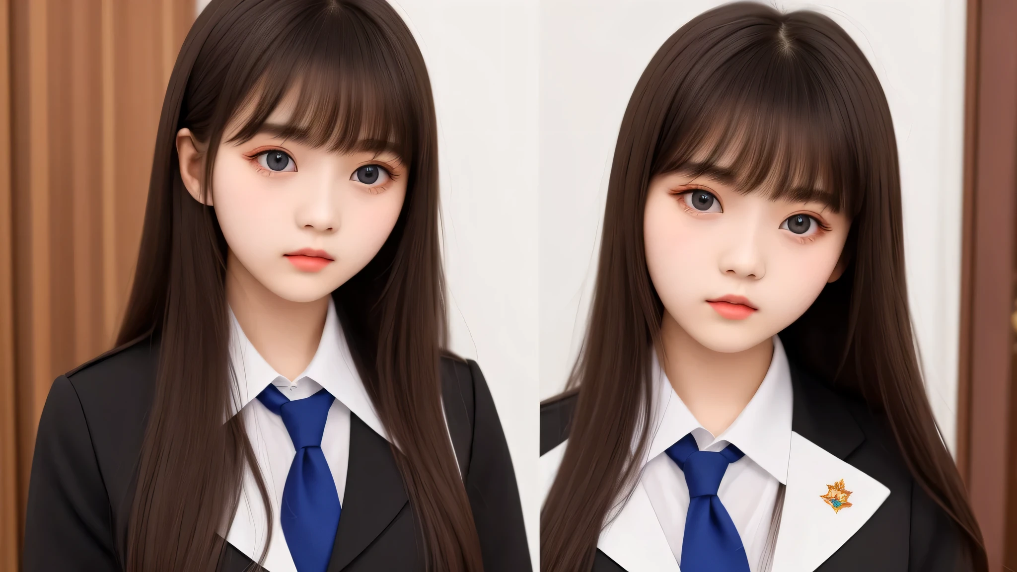 masterpiece,highest quality, upper body prototype (Sakstov:1.3), Brown long hair, bangs, Big eyes, parted lips, black eye, school uniform,17 years old,(lie:1.3),sexy pose、perfect body、