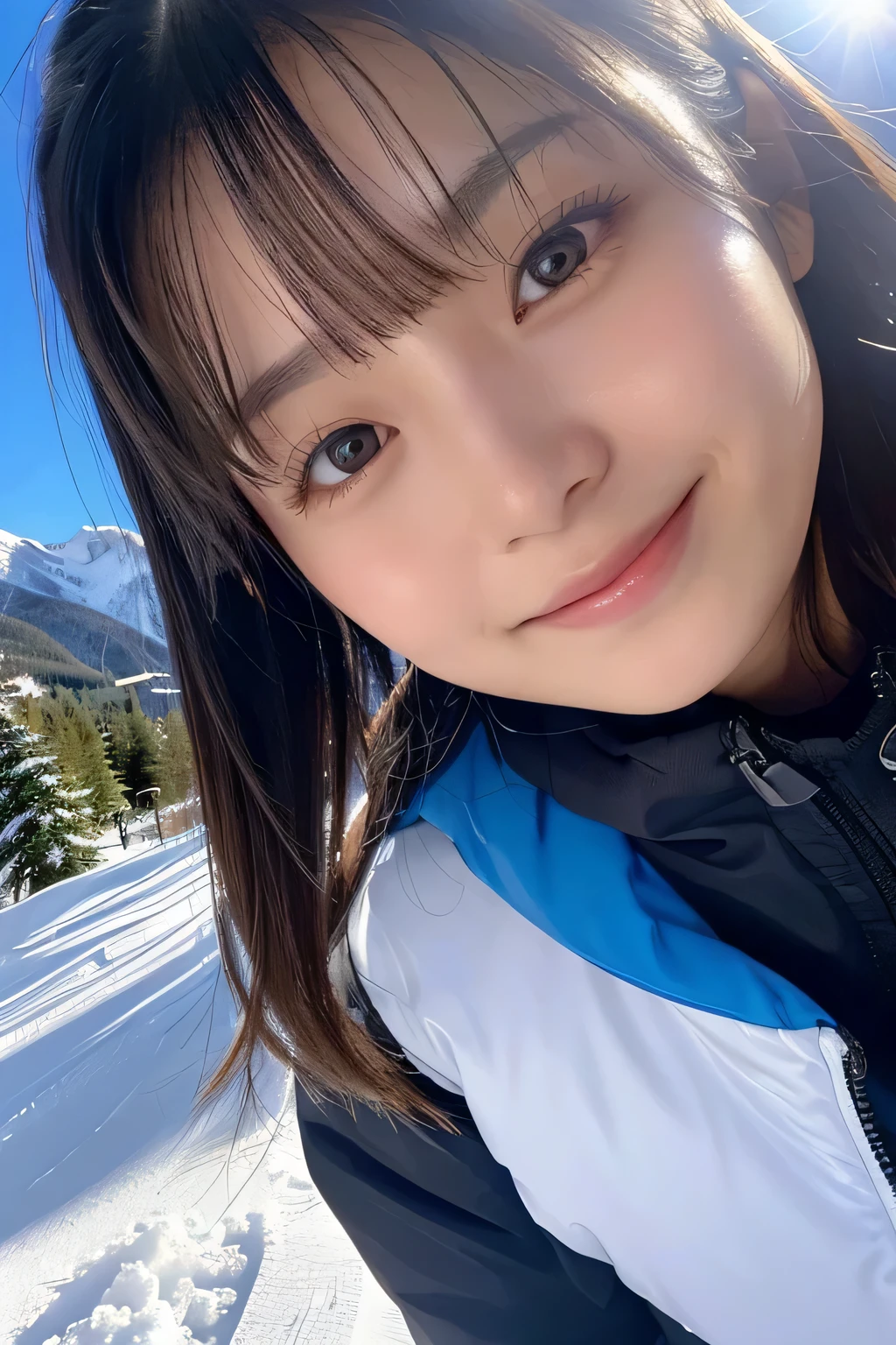 (highest quality,masterpiece:1.3,ultra high resolution),(Super detailed,caustics,16k),(realistic:1.4,RAW shooting),ultra-realistic capture,close up of human skin,natural skin texture,Pores are small and easily noticeable,healthy skin and even tone,Use natural light and color,18-year-old,Japanese,cute,ski wear,black long hair,Looking at camera with a smile,big breasts,Photographed from the waist up,(face focus:1.2),(close up of face:1.2),(Low position:1.3),(Low - Angle:1.3),(Ski resort),sun,Lens flare,blue sky,