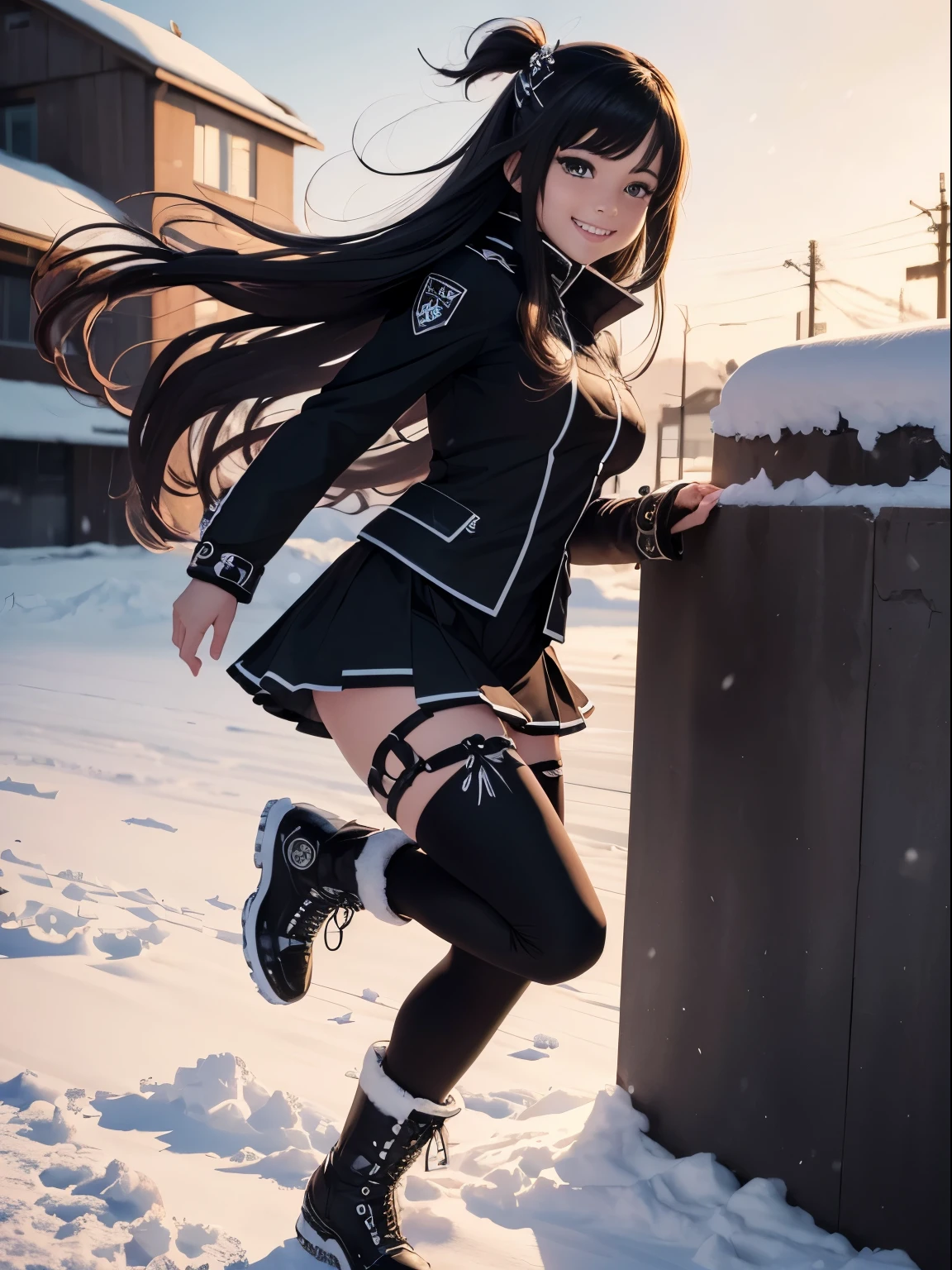 (best quality,highres),black uniform,full body uniform,comic book style,long flowing hair,cute skull design on uniform,smile,soft punk,heroine girl,semi-strong,cute and charming,snow boots