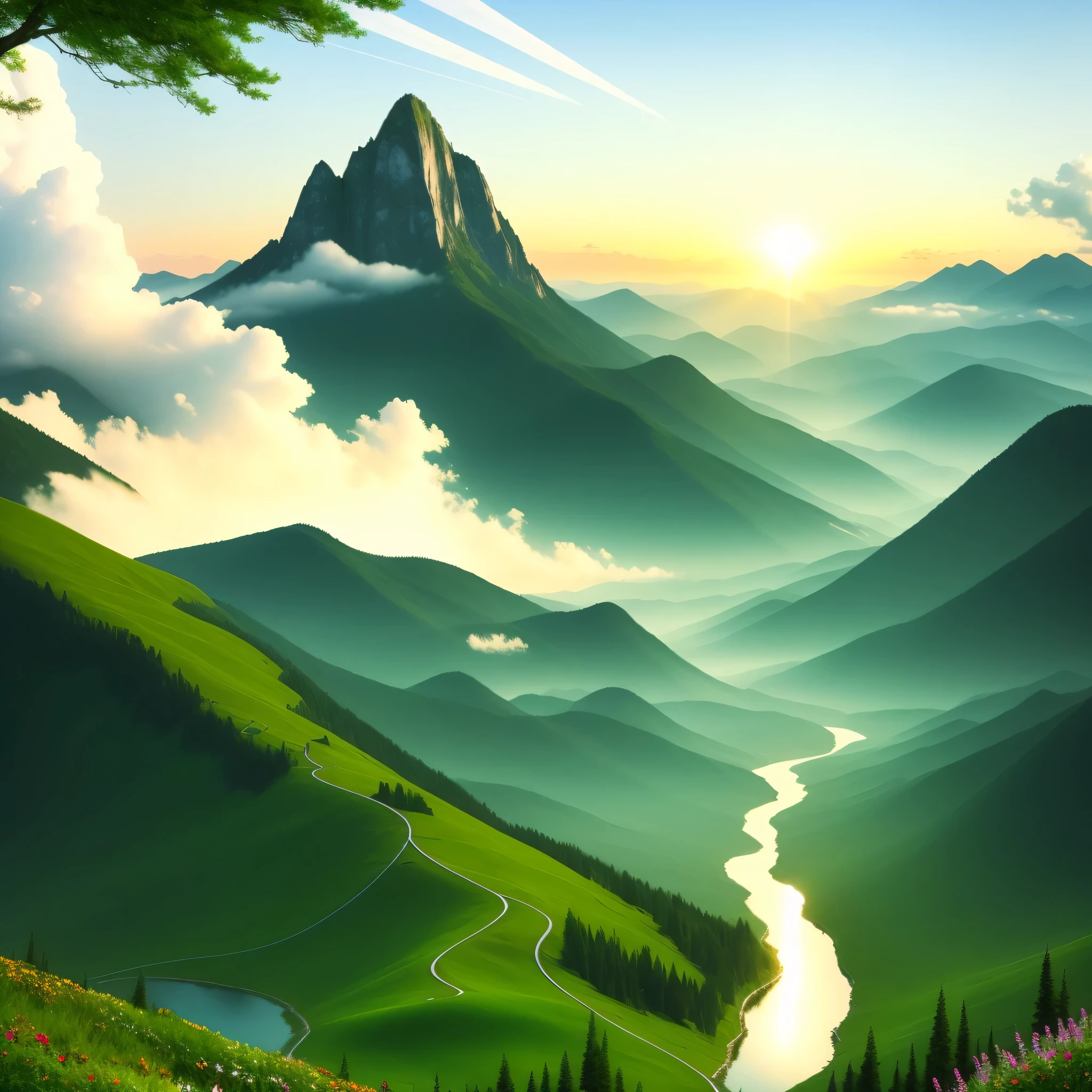 very beautiful scenery, Fine drawing,actual,16k,ultra high resolution,tall mountain peaks,The rising sun lights up the sky,The sun rises in the sky,masterpiece, top quality, Very detailed, 16k, Flowers bloom all over the mountain at the foot of the mountain,tall mountain peaks,super clear,ultra high resolution,aesthetic,Rich in details,ultra high resolution,